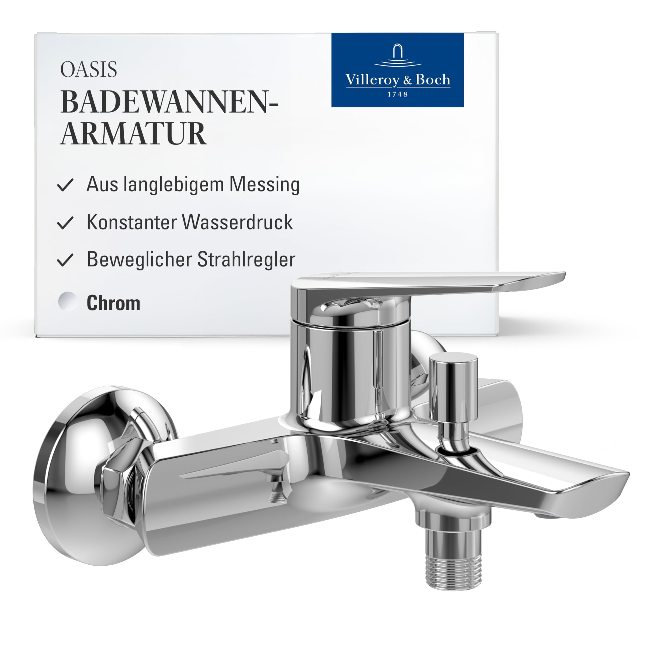 Villeroy & Boch Oasis Badewannenarmatur, Aufputz Montage – Chrom | Rückflussschutz, mit Strahlregler, Umstellfunktion, TVT11500100061