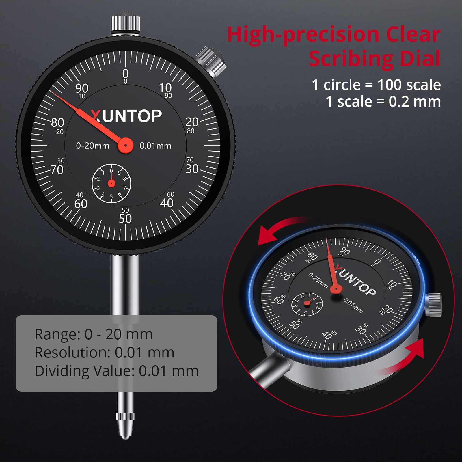 XUNTOP Reloj comparador de precisión con soporte magnético, 176 lbs/80 kg, fuerza de tracción, 0,01 mm, precisión 0-20 mm, rango de medición mecánico, ideal para laboratorio, taller, impresora 3D