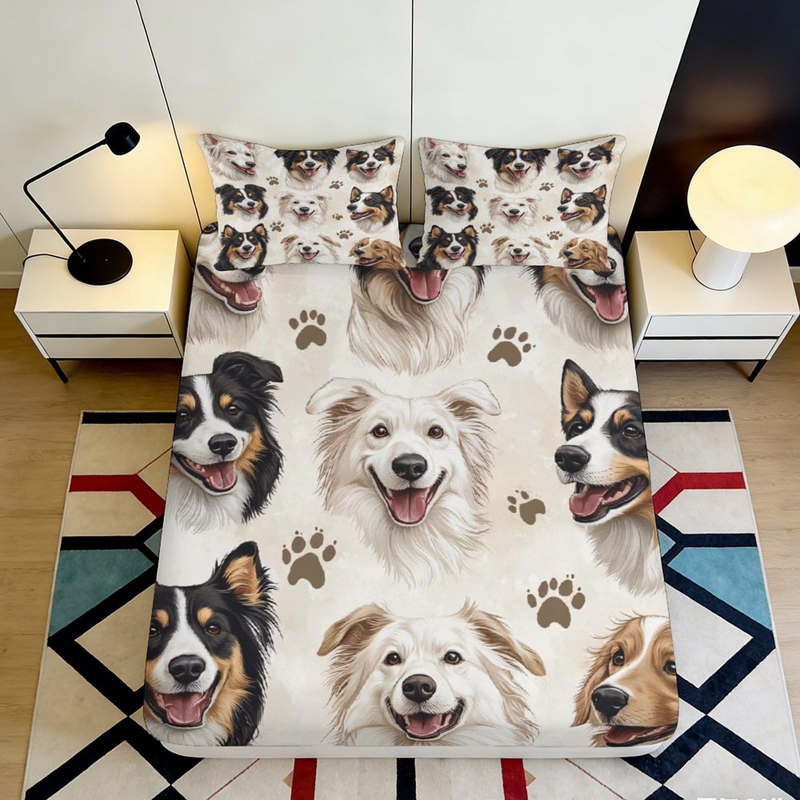 3D Printed Dog Pattern Fitted Sheet Microfiber Soft Breathable Paw Print Bed Sheet for Bedroom Dormitory Guest Room Mattress Protection Decor 160x200x25cm