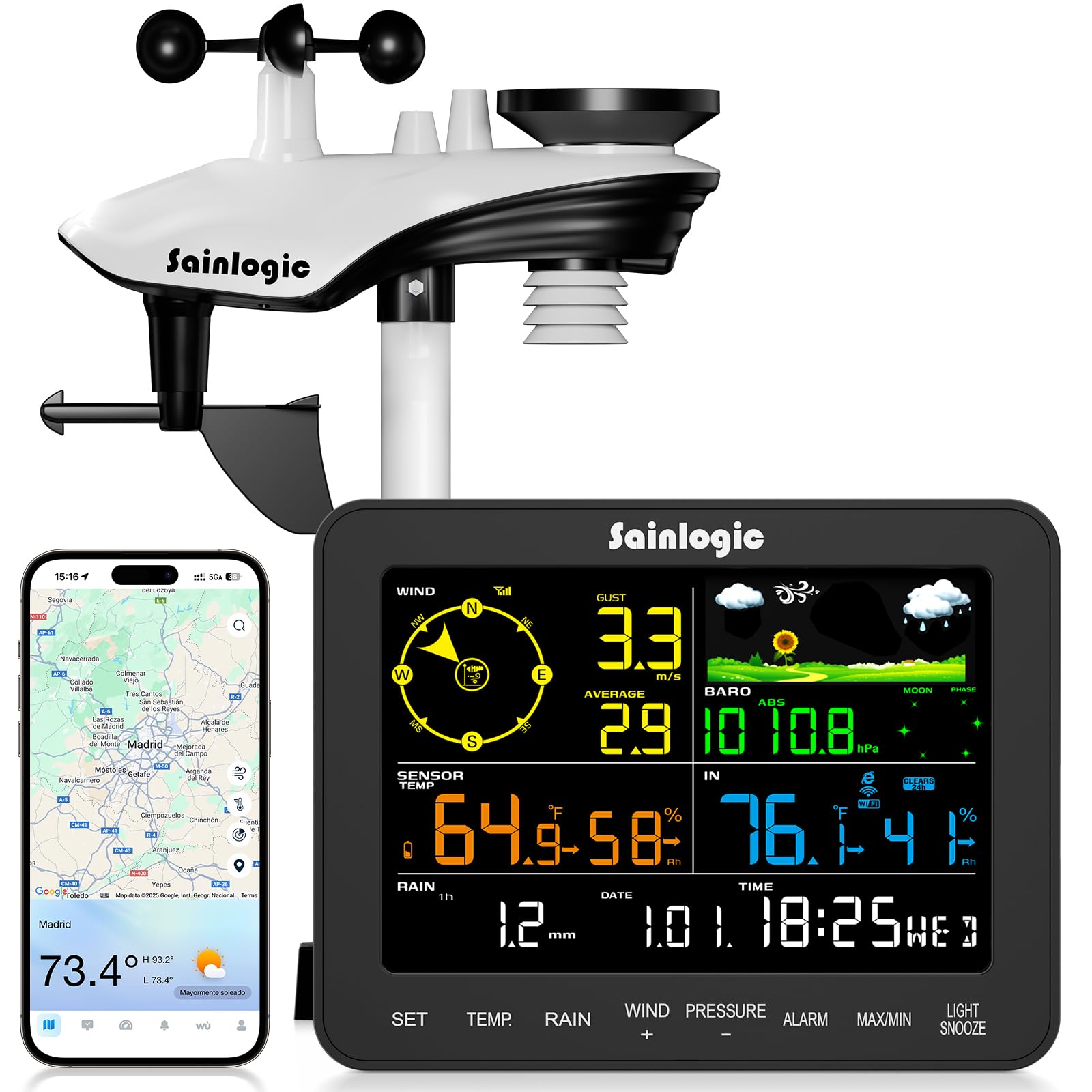 Sainlogic Estación Meteorológica Inteligente WLAN, Pronóstico Meteorológico por IA 24/7 de Weatherseed®, Alertas por APP y Email, Anemómetro Digital, 2 Años de Almacenamiento de Datos (Solo 2.4GHz)