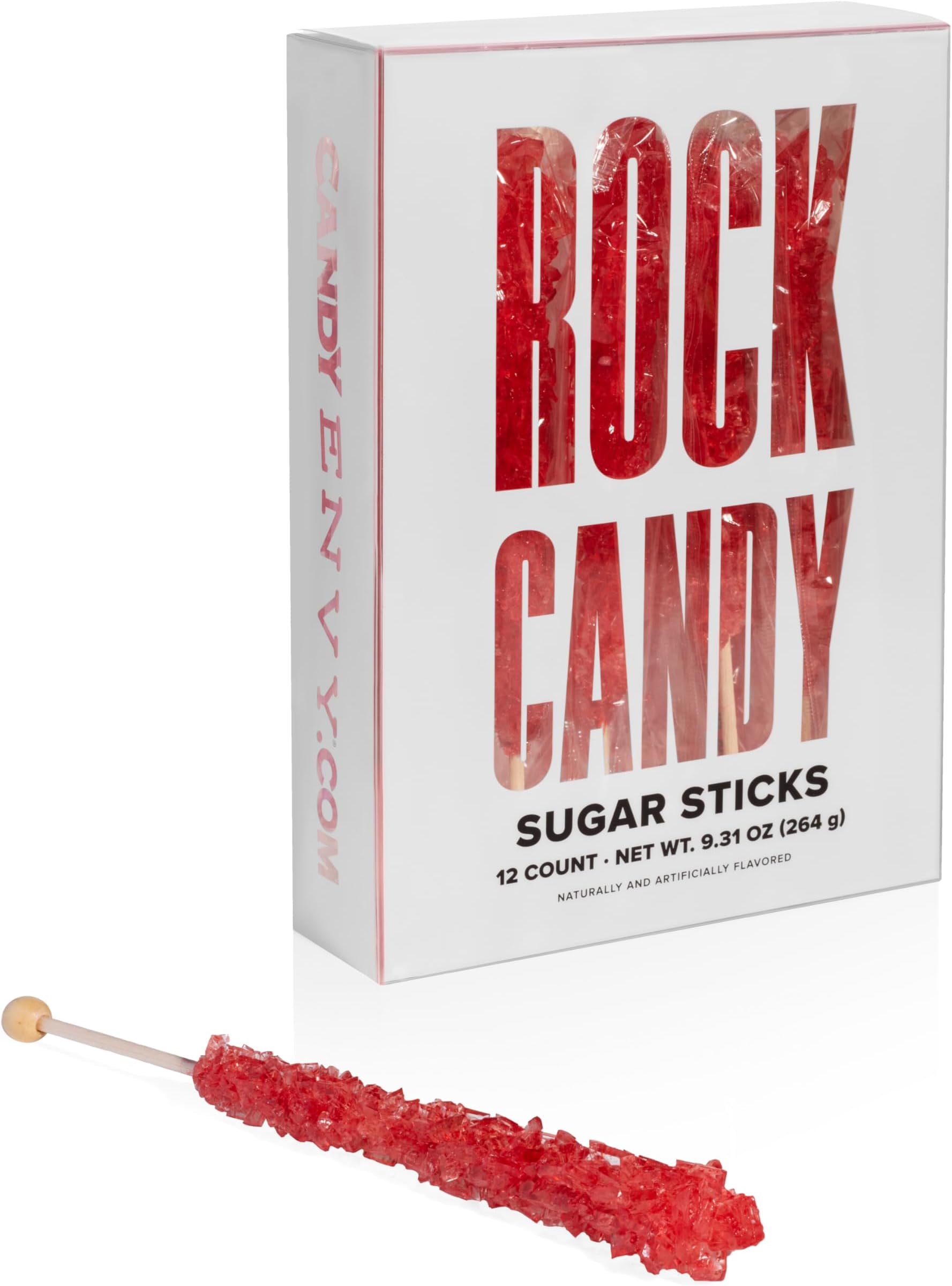 Red Rock Candy Sugar Sticks - Strawberry Flavored - 12 Individually Wrapped Red Candy