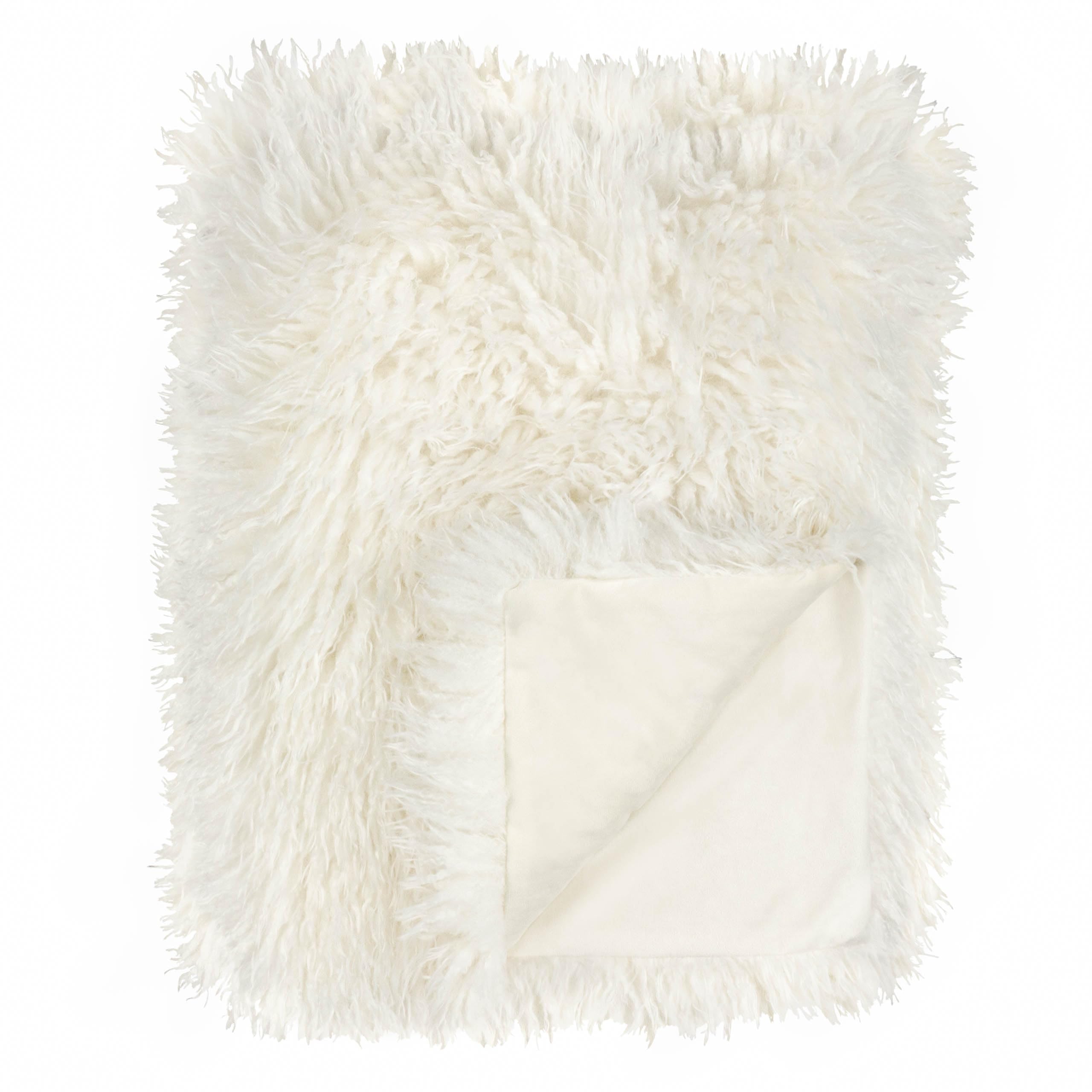 furn. Rowan Throw – Soft Faux Fur Mongolian Style Decorative Blanket with Velvet Reverse (Ecru - 130x175cm)