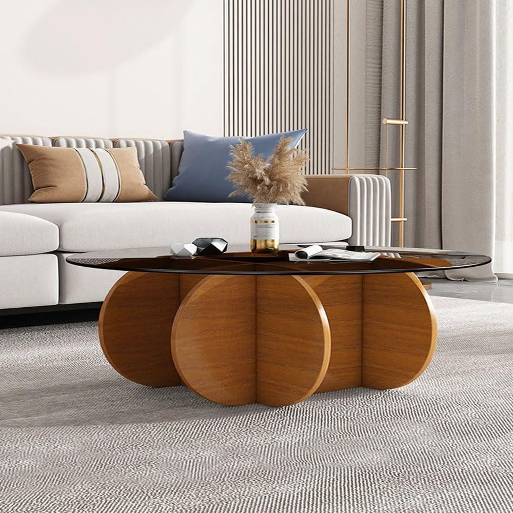 Kutis Modern Round Coffee Table with Solid Wood Legs and Rustic Circle Center Cocktail Table with Tempered Glass-Top, Unique Accent Table for Small Spaces 80x40 cm.