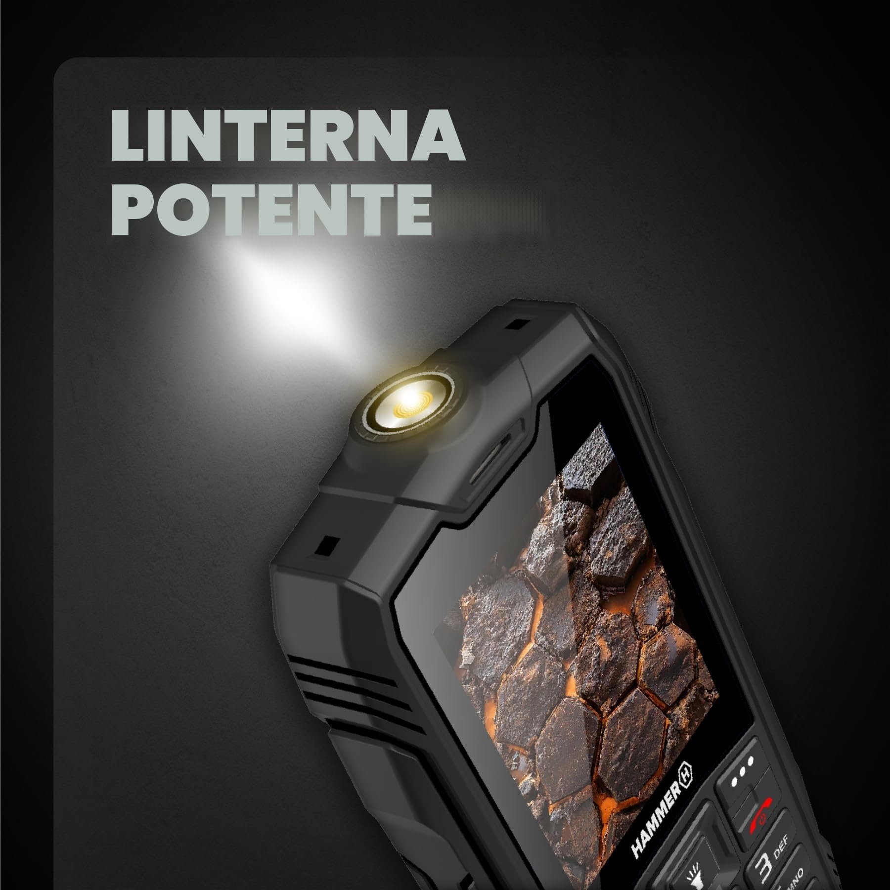 Hammer H Rock LTE Móvil Irrompible, Batería 3000 mAh, 64 GB, Pantalla IPS 2,4", Teclas Grandes, Botón SOS, Linterna, Radio FM, Bluetooth, USB-C, Dual SIM, IP68/MIL‑STD‑810H, Negro