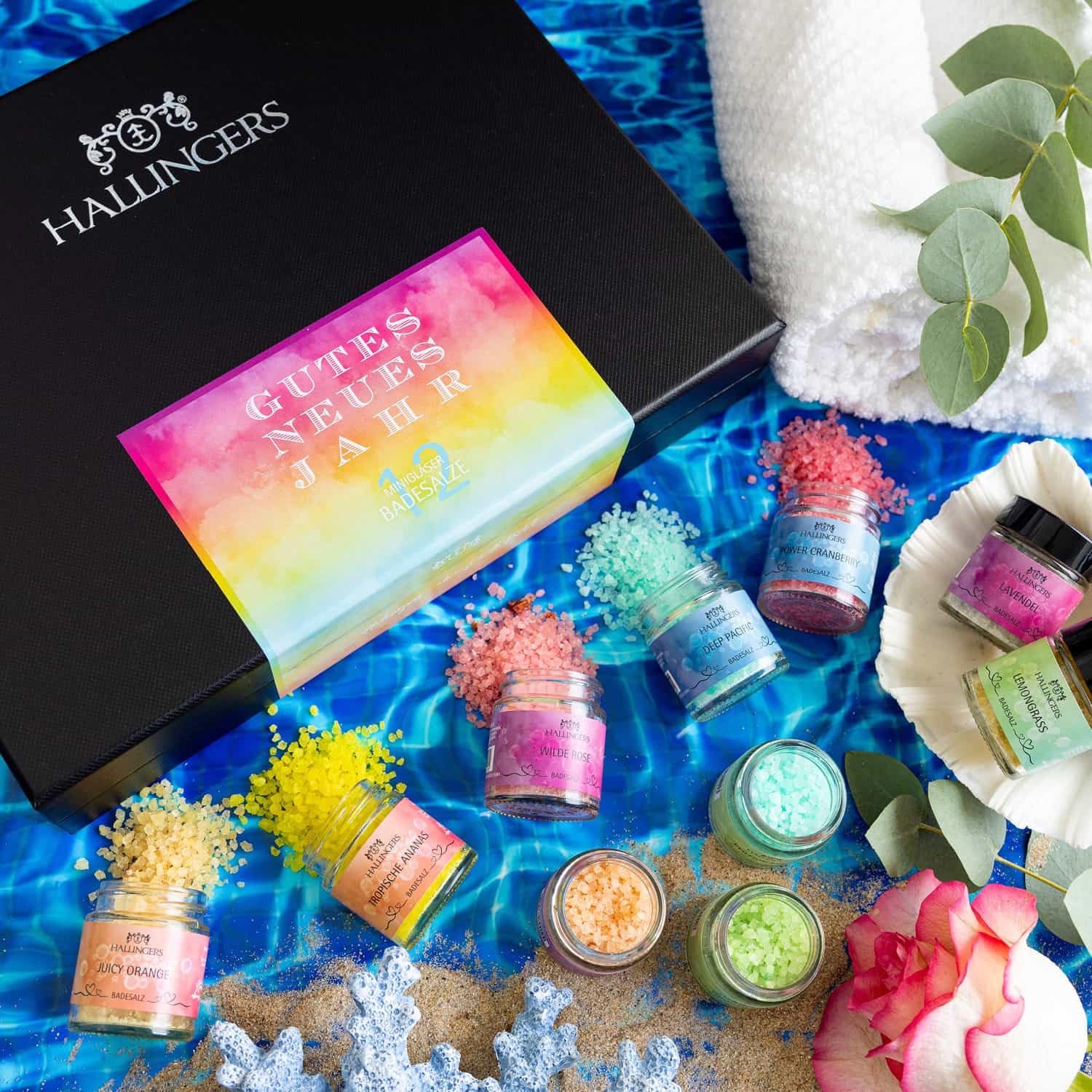 Hallingers Genuss Manufaktur Badesalze Weihnachts-Geschenk-Set - 12x Badezusatz mit Totes Meer Badesalz edle Geschenkbox, Badekristalle Fußbad & Spa ""Gutes Neues Jahr"", Weihnachten für Frauen Männer