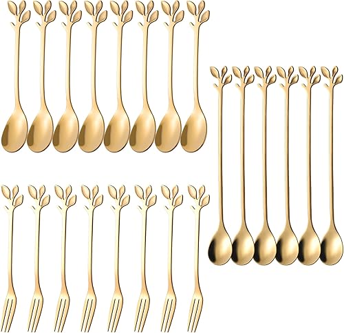 AnSaw 6 cucharas de té de mango largo de hoja dorada de 6.5 pulgadas y 8 cucharas de café pequeñas de 4.7 pulgadas y 8 tenedores pequeños de 4.7