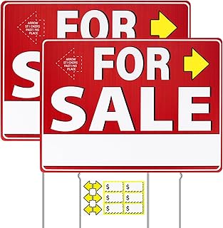 2 Pcs For Sale Sign with Stakes 17" x 13" Double Sided Yard Signs with Arrow Stickers Pricing Stickers For Sale Signs with Metal Stakes Weather-Proof