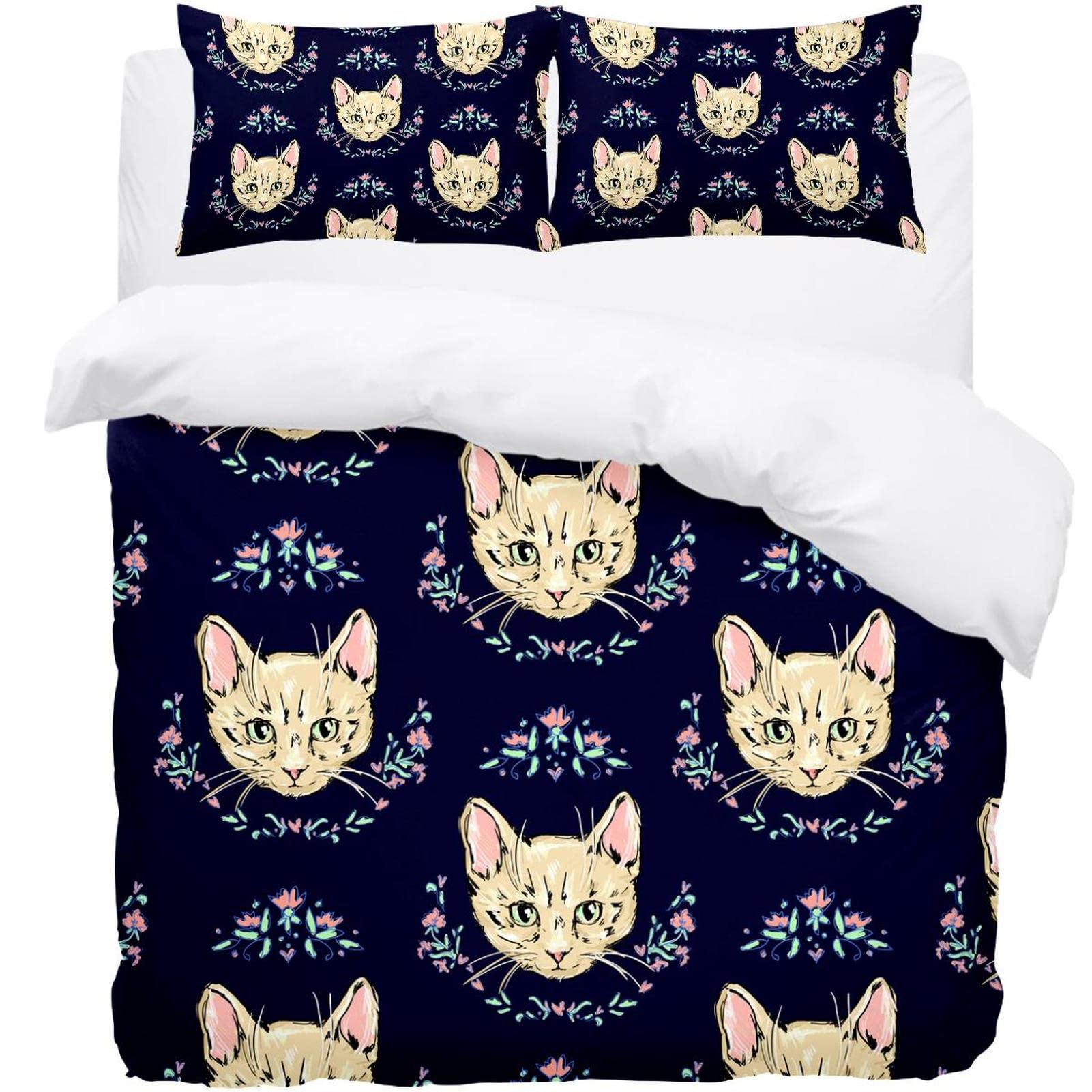 Parure de lit housse de couette chat bleu foncé avec ses 2 taies d'oreiller assorties