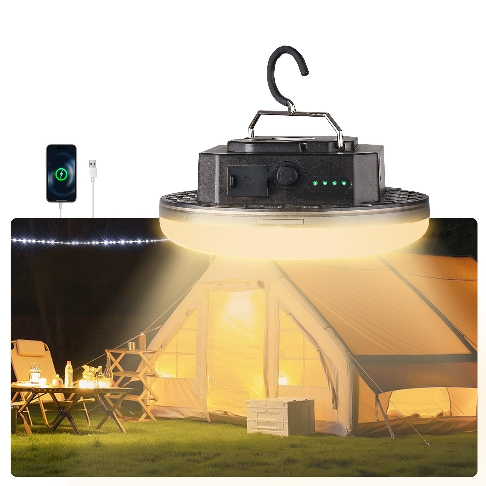 Transparente tragbare wiederaufladbare LED-Camping-Lichter, wasserdichte Außenleuchte mit 5000 lm, super helle Hängelaternen für Zelte, Vordächer und Notfälle im Freien (stufenlos dimmbar)