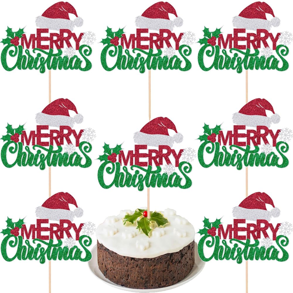Juego de 8 adornos para tartas de Navidad – Decoración grande para cupcakes de Navidad para Navidad, fiestas, decoración de pasteles, bonito sombrero de Papá Noel, diseño de copo de nieve, decoración