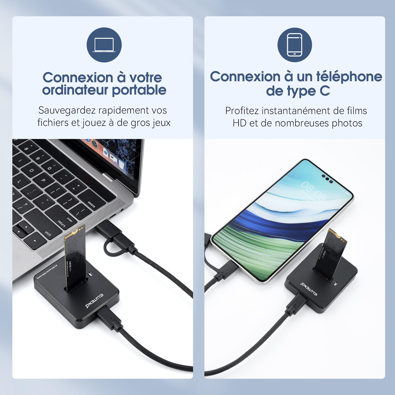 ELUTENG Station D’Accueil M.2 NVME & SATA, Boîtier Externe SSD NVMe USB 3.1 10 Gbps vers USB pour clé M-Key B&M-Key, Adaptateur Double Protocole pour SSD 2230/2242/2260/228