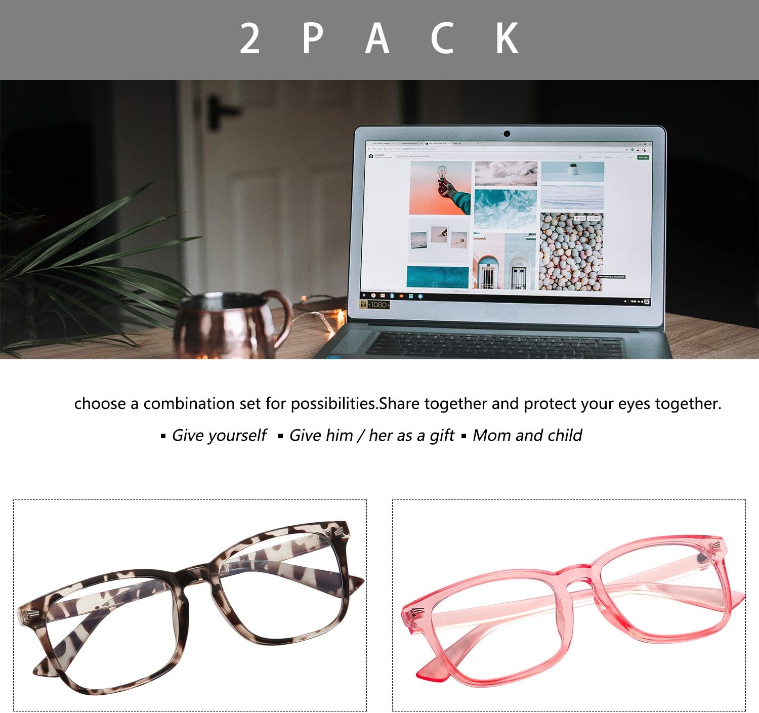 Blue Light Blocking Glasses 2pack Square Computer Glasses Women/Men, Nerd Reading Gaming Glasses Non Prescription (bean Flower+pink)