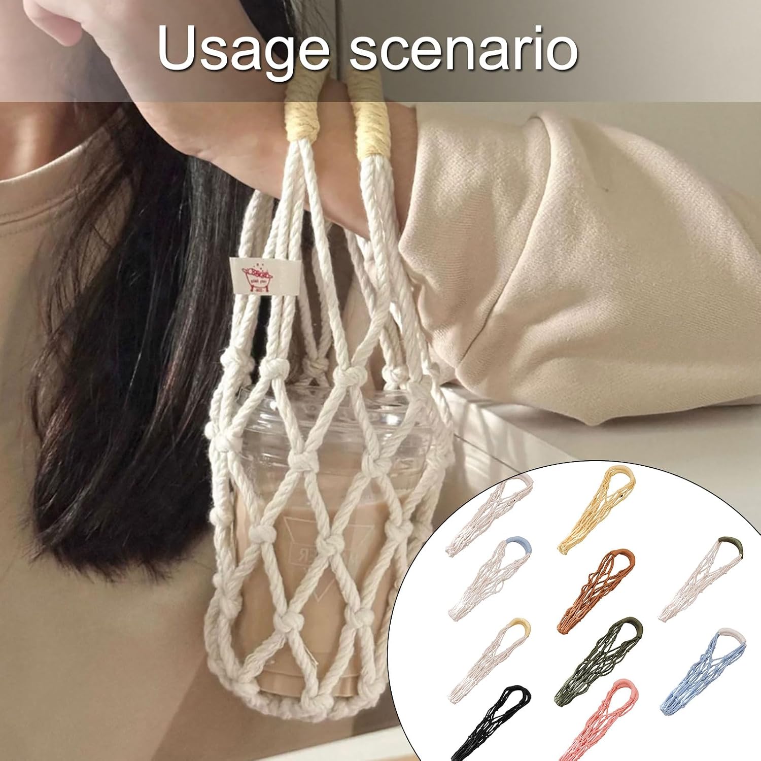 Water Bottle Holder with Handle Handmade Woven Sling for Hiking Camping (Coffee Brown) image 3