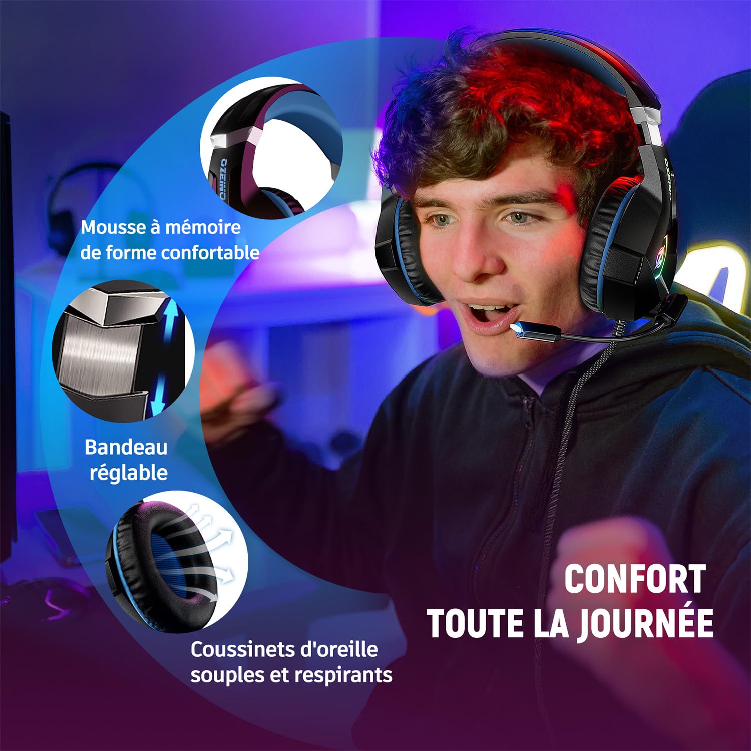Ozeino Casque Gaming pour Ps5 PC Ps4, Casque Gamer pour Micro RGB 7 Couleurs Transducteurs 50mm Stéréo Basse Micro Anti-Bruit Réglable Compatible avec Switch Xbox Series X & S-Bleu Noir