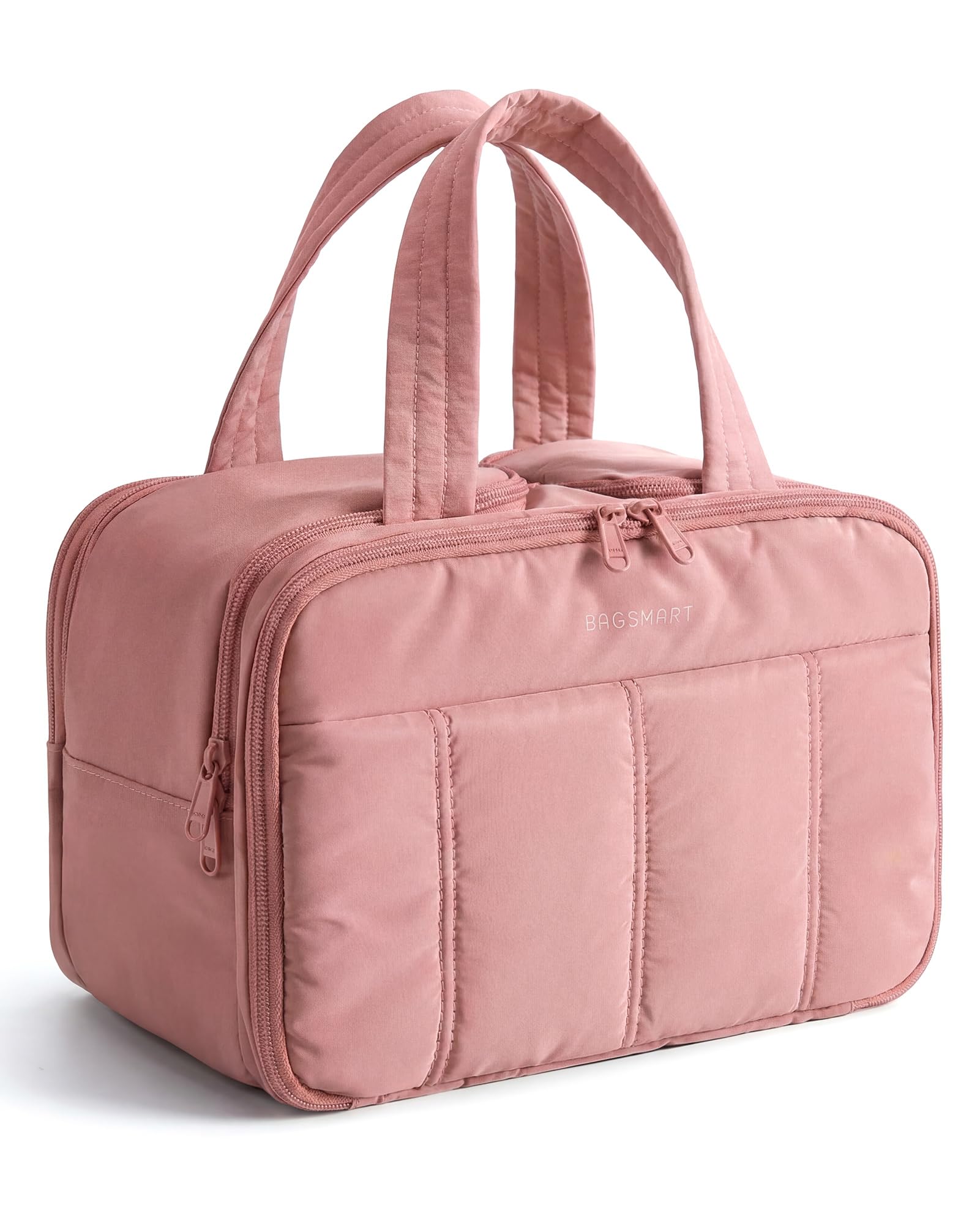 Travel Toiletry Bag, Puffy Large Toiletry Bag for Women, Lightweight Cosmetic Makeup Bag Organizer with Handle for Traveling, Accessories, Essentials, Toiletries (Dark Pink