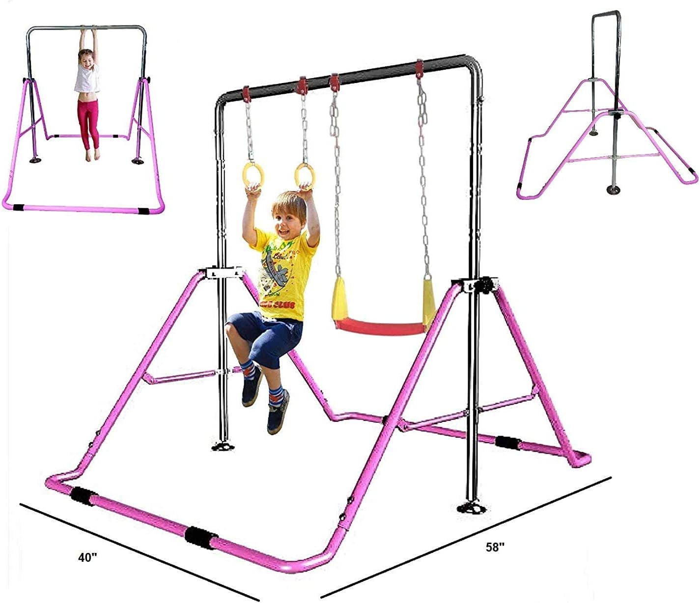 JungleKids Gymnastic Bars for Kids 3 in 1 Set with Swing Seat & 2 Trapeze Rings | Adjustable Height Folding Gymnastics Training Kip Bar for Home | Junior Horizontal Bar Expandable Monkey Bar Pink
