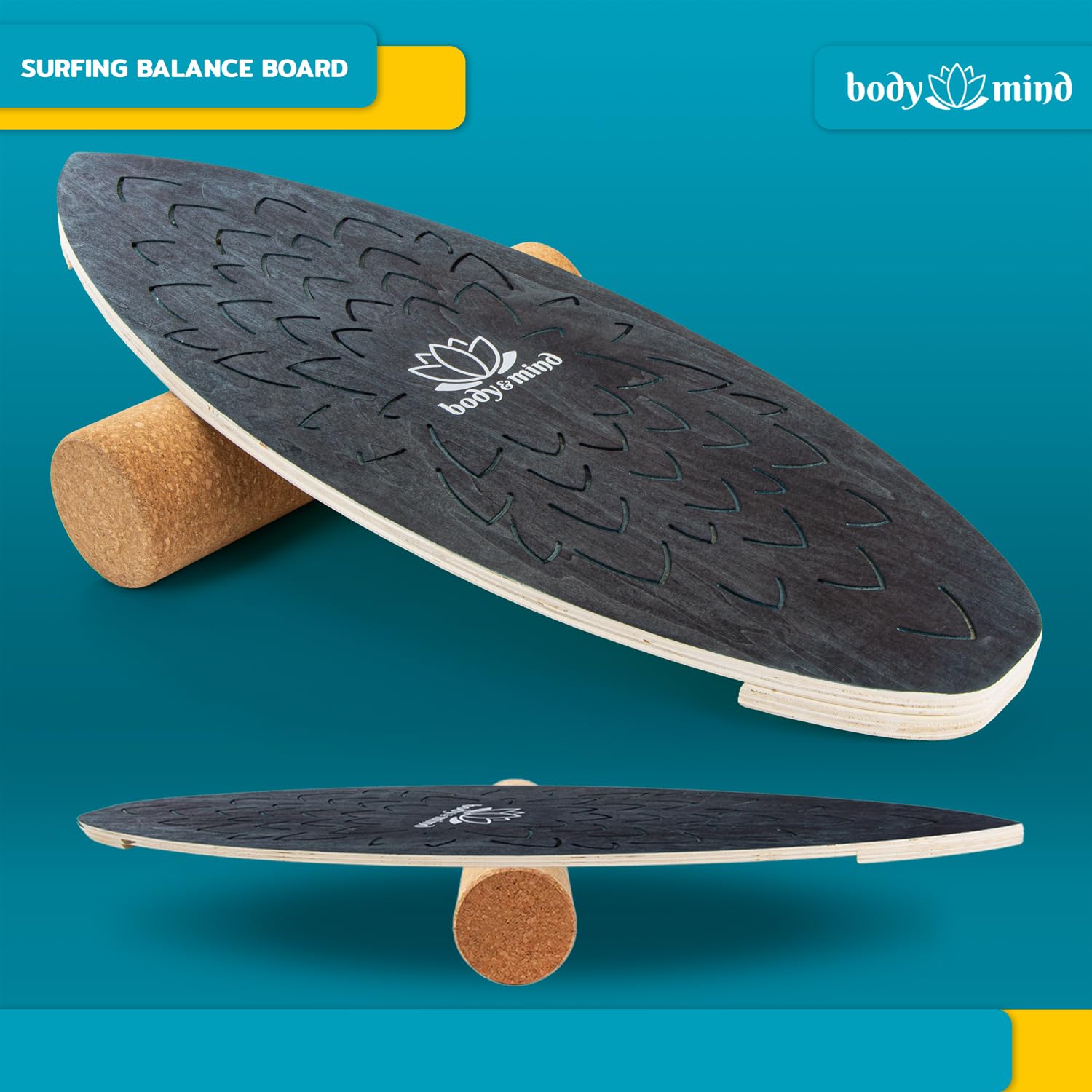 Balance-Board Surfbrett Surf Balance Wackelbrett für Physiotherapie Surf-Training; Trainiert Gleichgewicht & Koordination mit gratis E-BOOK (Dark Ocean)