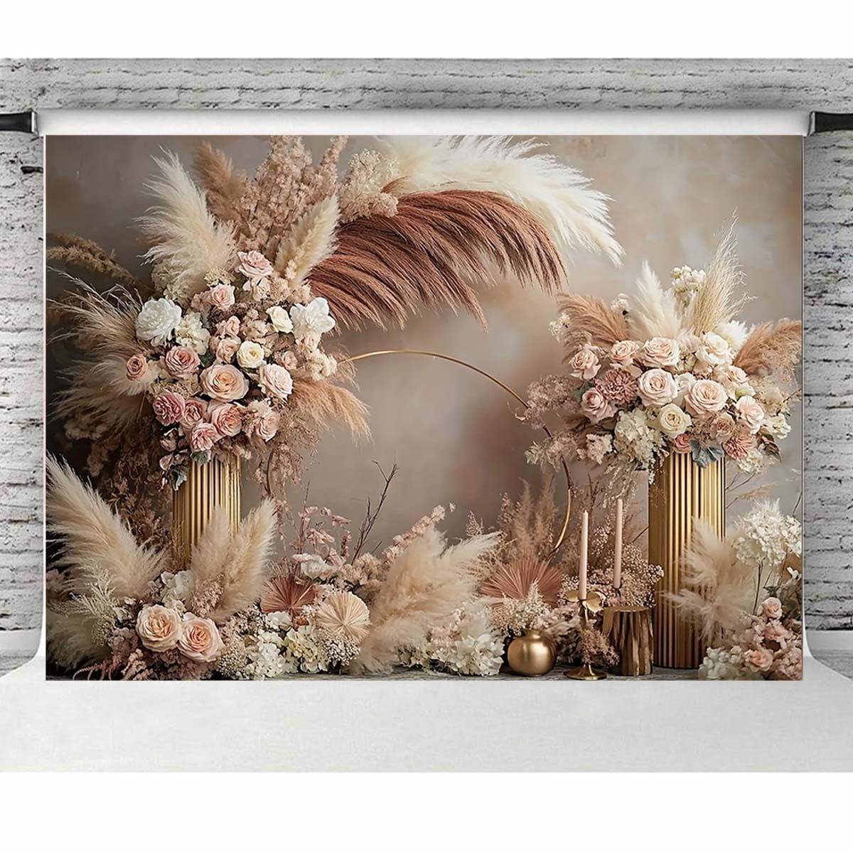Boho Floral Wedding Backdrop Pampas Grass Flower Curtain Background Wedding Bridal Shower Anniversary Party Decoration Backdrop Newborn Baby Shower