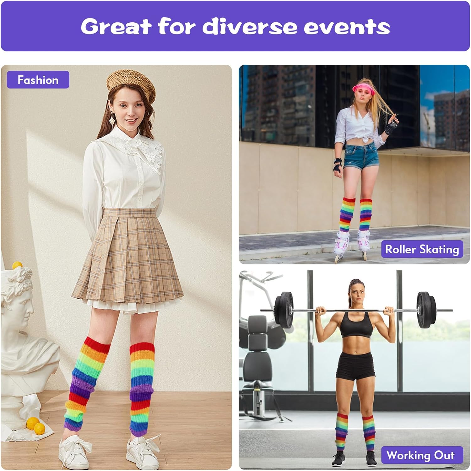 Rainbow Leg Warmers 80s Women, Cute Neon Leg Warmers for Girls, Ribbed Knit Leg Warmer Pack for 80s Eighty's Party Sports Yoga - Image 7