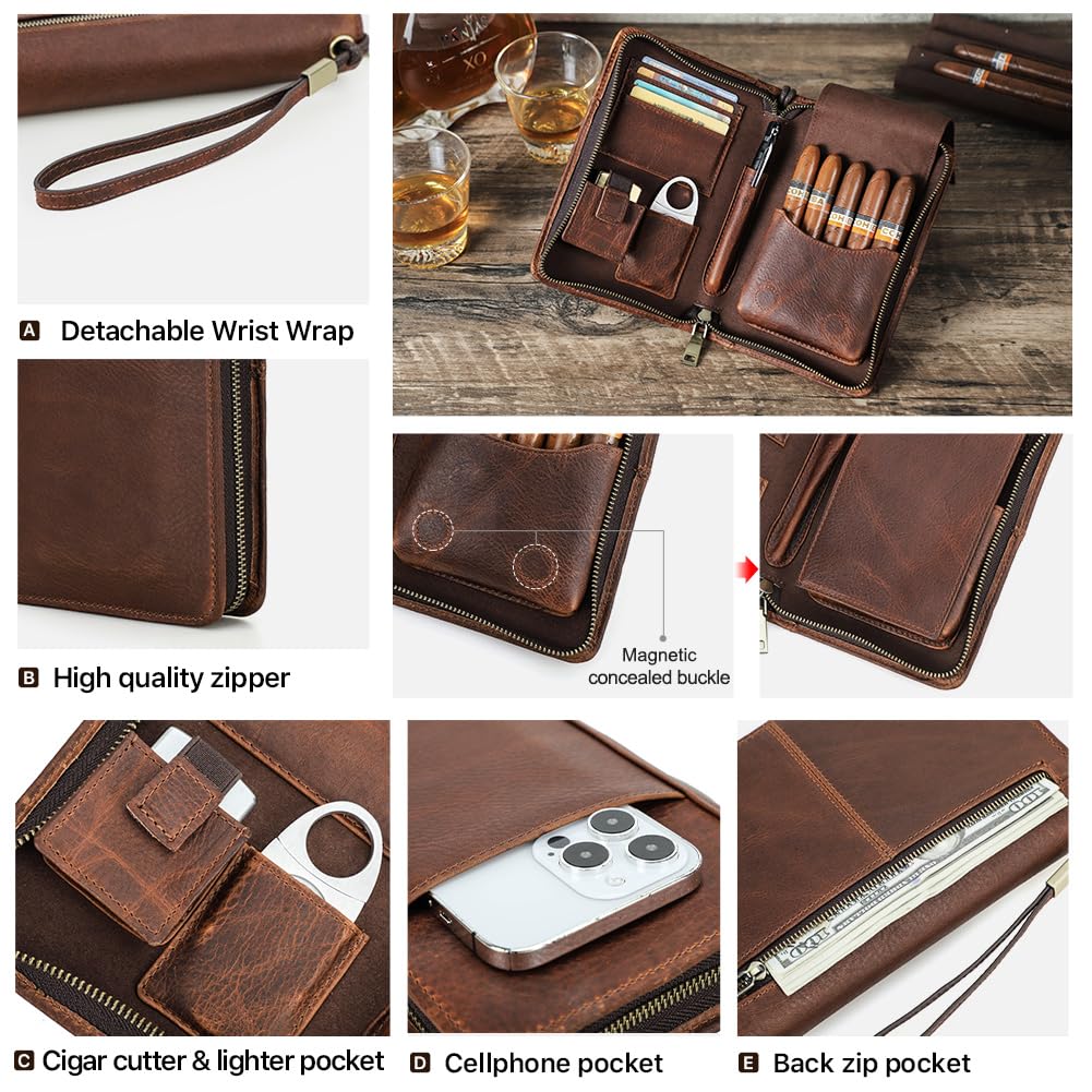 CONTACTS Przenośny humidor podróżny z nożykiem do cygar i otworem na zapalniczkę, skórzane etui na cygara (bez akcesoriów/cygar), wielofunkcyjny organizer na akcesoria do cygar z paskiem na nadgarstek