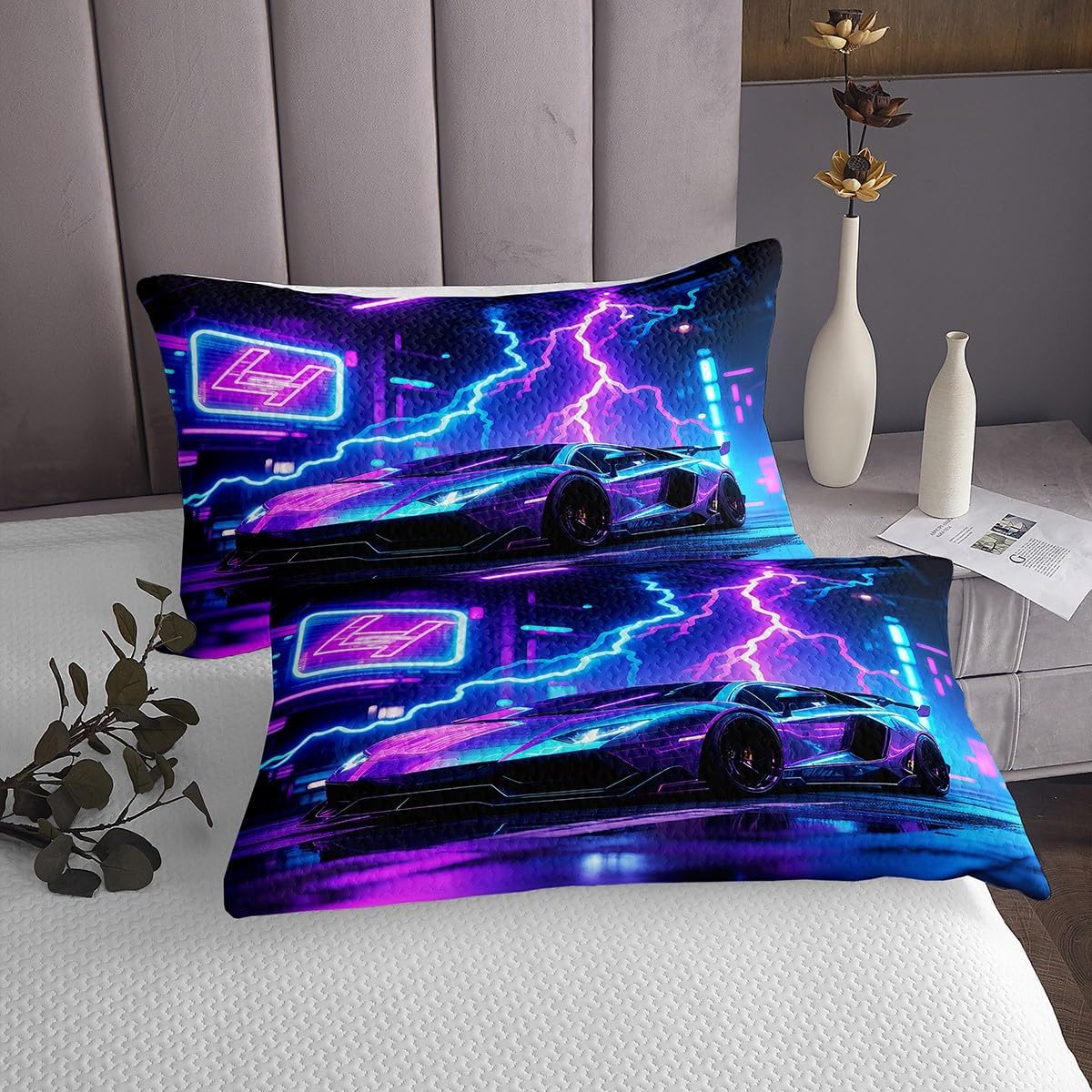 Race Car Bedspread Twin Size,Tie Dye Lightning Bedding Sets 2Pcs for Kids Girls Boys Room Decor,Cool Speed Car Comforter Set Modern Style Quilt Coverlet,1 Pillowcase