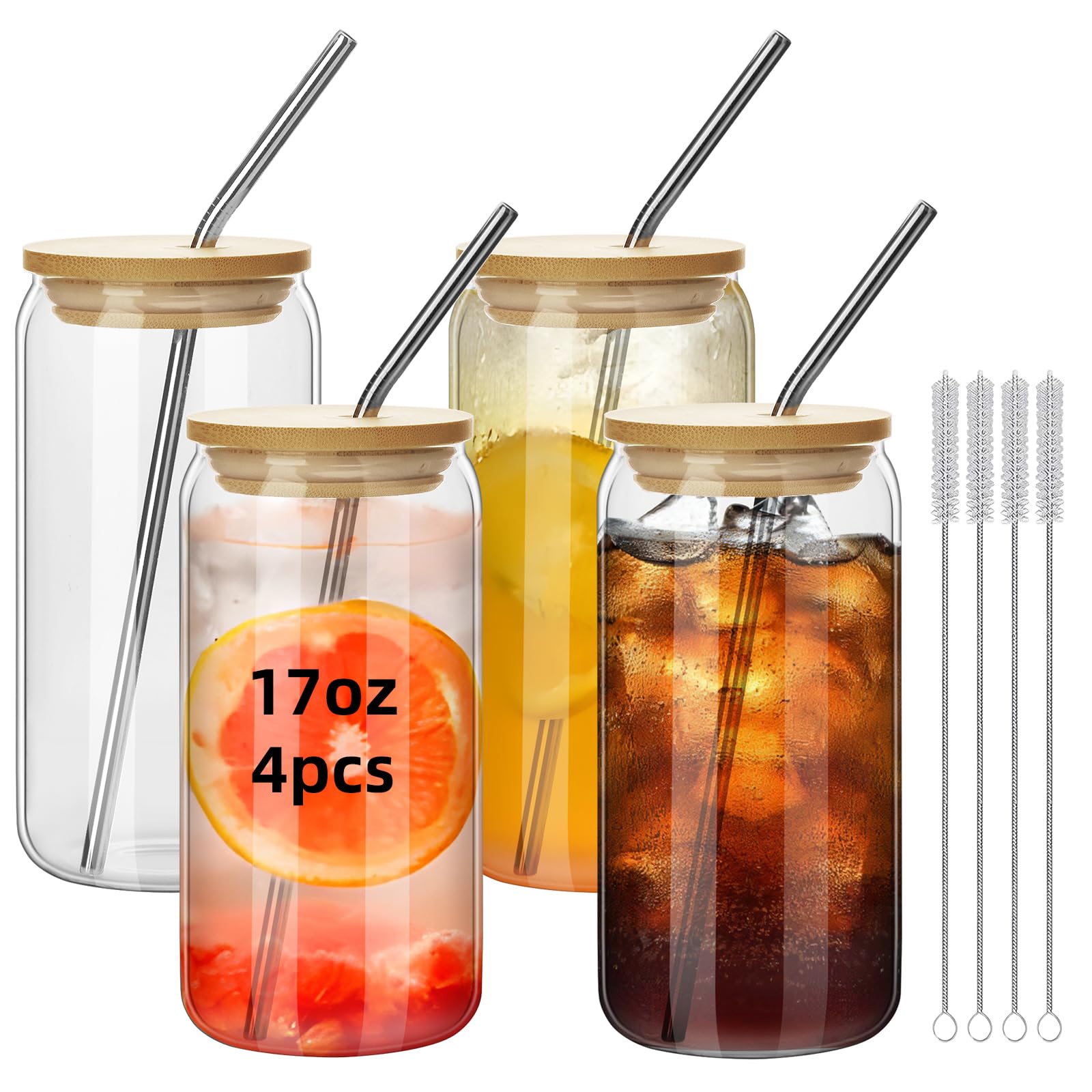 eispap 16OZ Glass Cups with Bamboo Lids and Straw Cleaning Brushes - Beer Shaped Drinking Glasses Set, Iced Coffee Glasses, Cute Tumbler Cup, Aesthetic Coffee Bar Accessories, Gift (4)