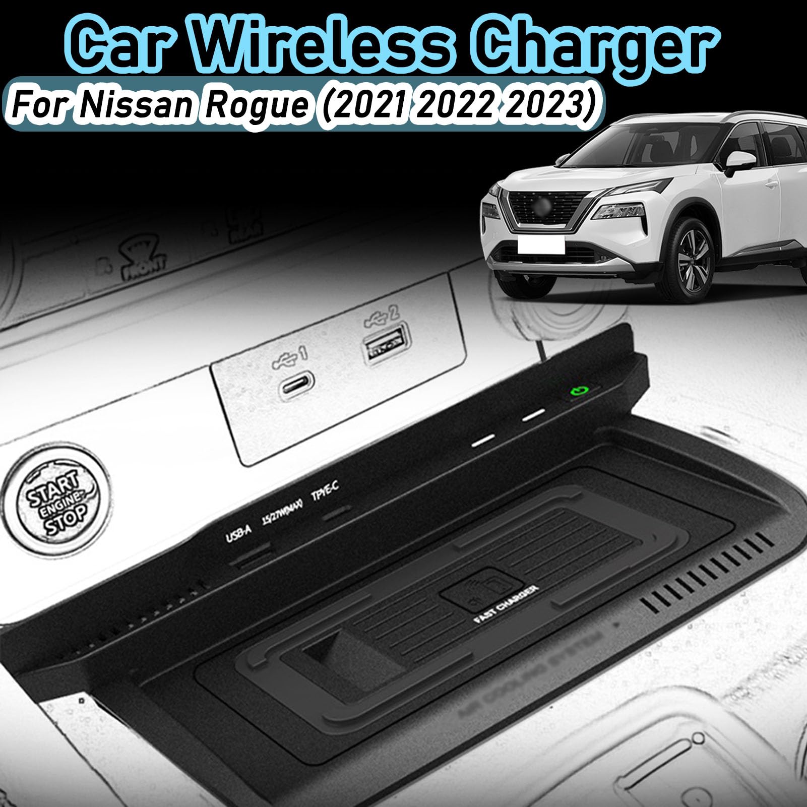 CenNa Caricatore Wireless per Auto per Ni-ssan Rogue (2021-2023) S/SV/SL Accessorio per Tutti I Modelli con Ricarica Wireless da 15 W E Ricarica USB Qc3.0 da 27 W, Regalo per La Famiglia