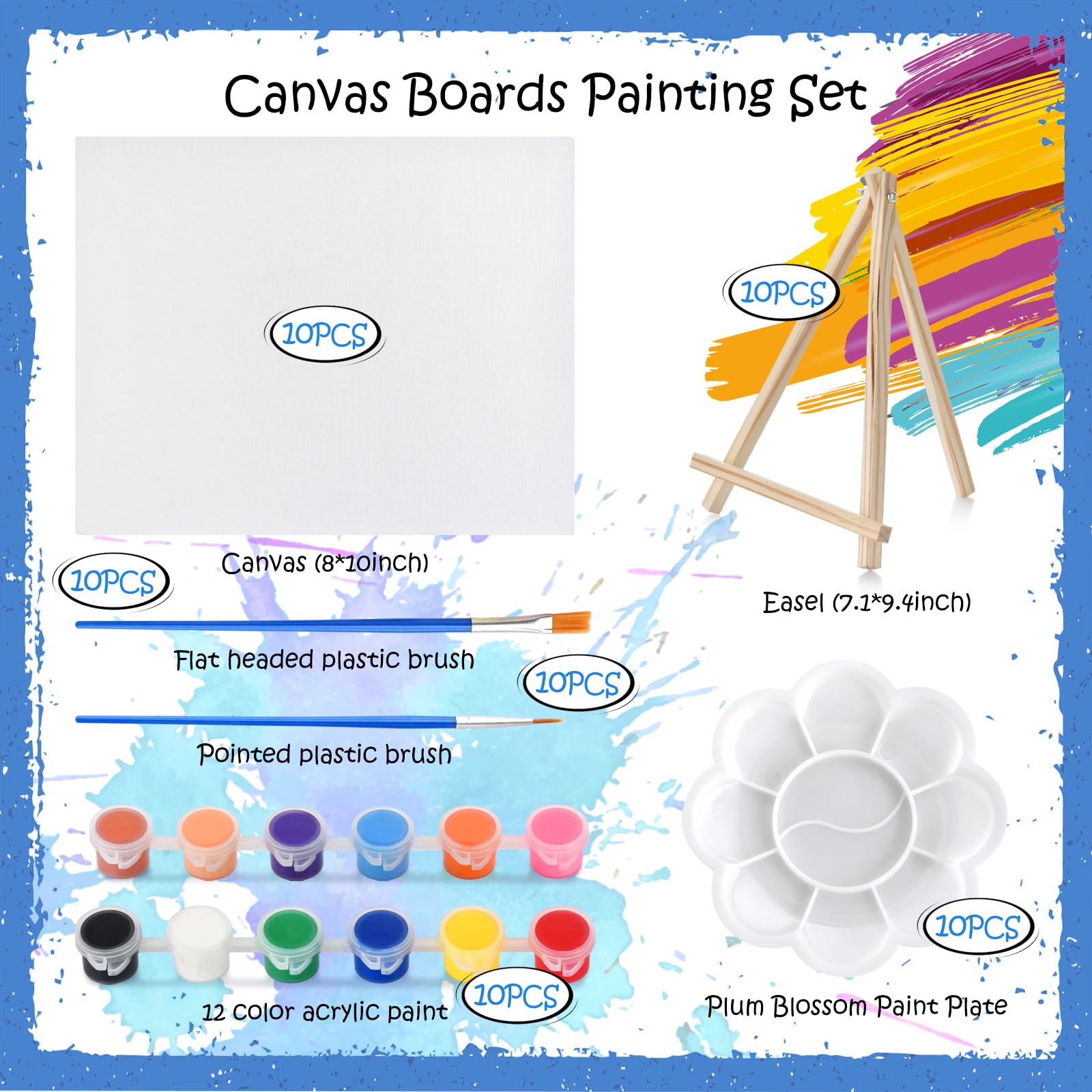 Juego de 10 lienzos de pintura acrílica, mini kit de pintura de lienzo con tableros de lienzo de 8 x 10 pulgadas, caballete de madera, 20 pinceles, pintura de 12 colores, 10 paletas, suministros de