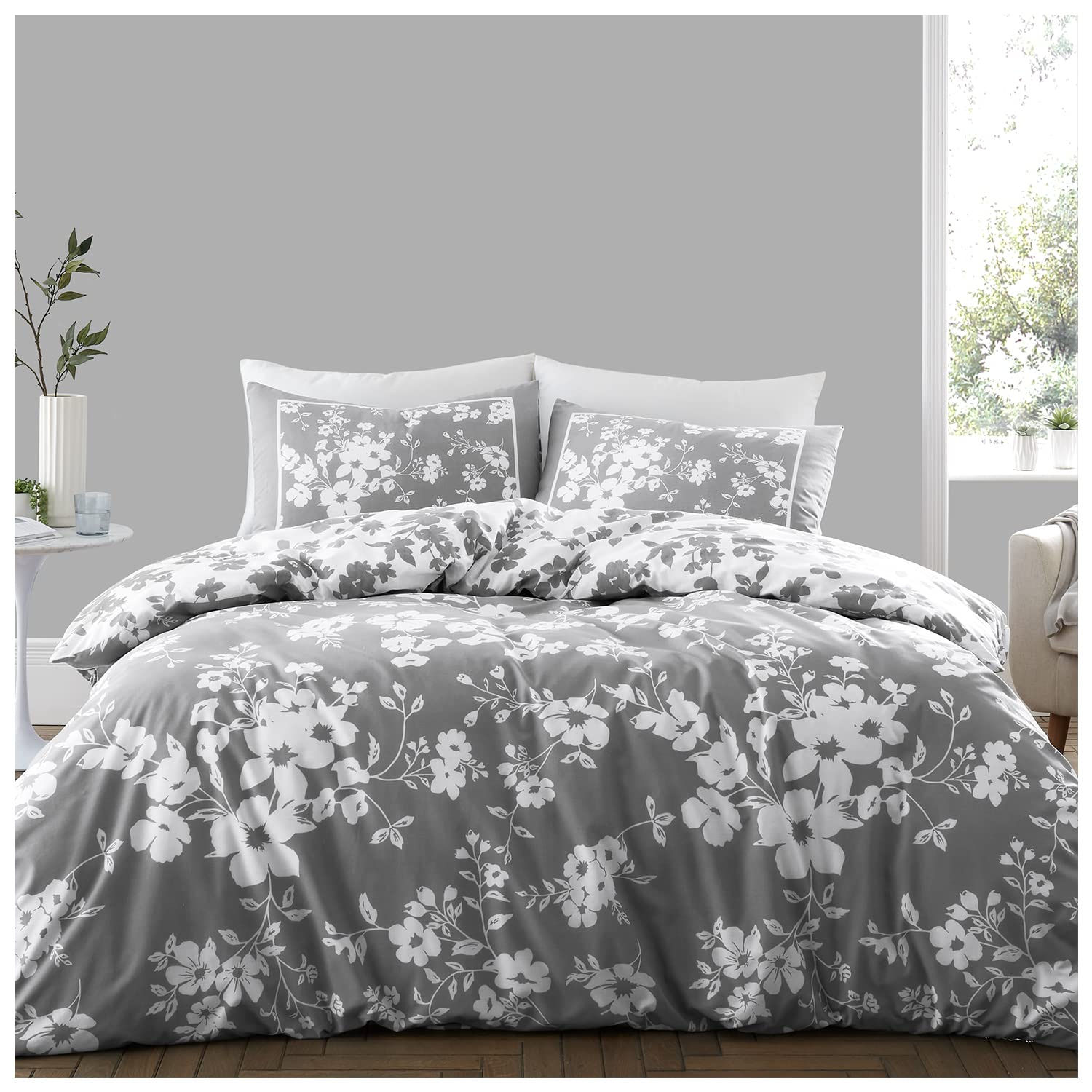 GC GAVENO CAVAILIA Botanical King Size Bed Cover, Polycotton Reversible Quilt Cover Set With Matching Pillowcases, Breathable Quilt Cover Bed Set, Grey