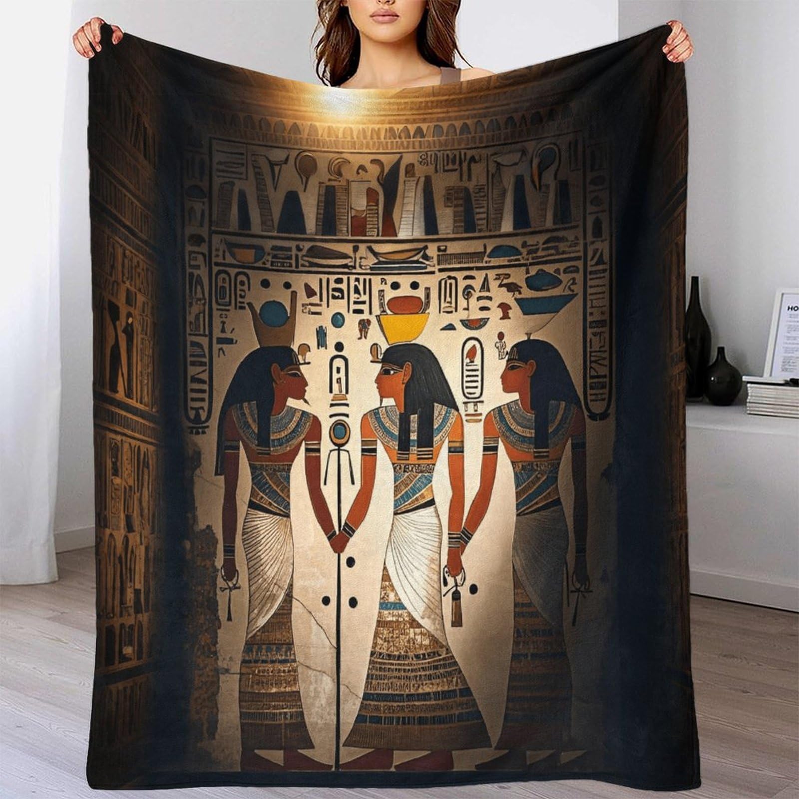 Lililaobiao Ancient Egyptian Mural Plush Fluffy Blanket - Super Soft Flannel Karnak Temple Reliefs Blankets 70X80inch(180X200cm) Fuzzy Throw Blanket For Bed, Cozy Sofa Throw, Warm Lightweight Throws