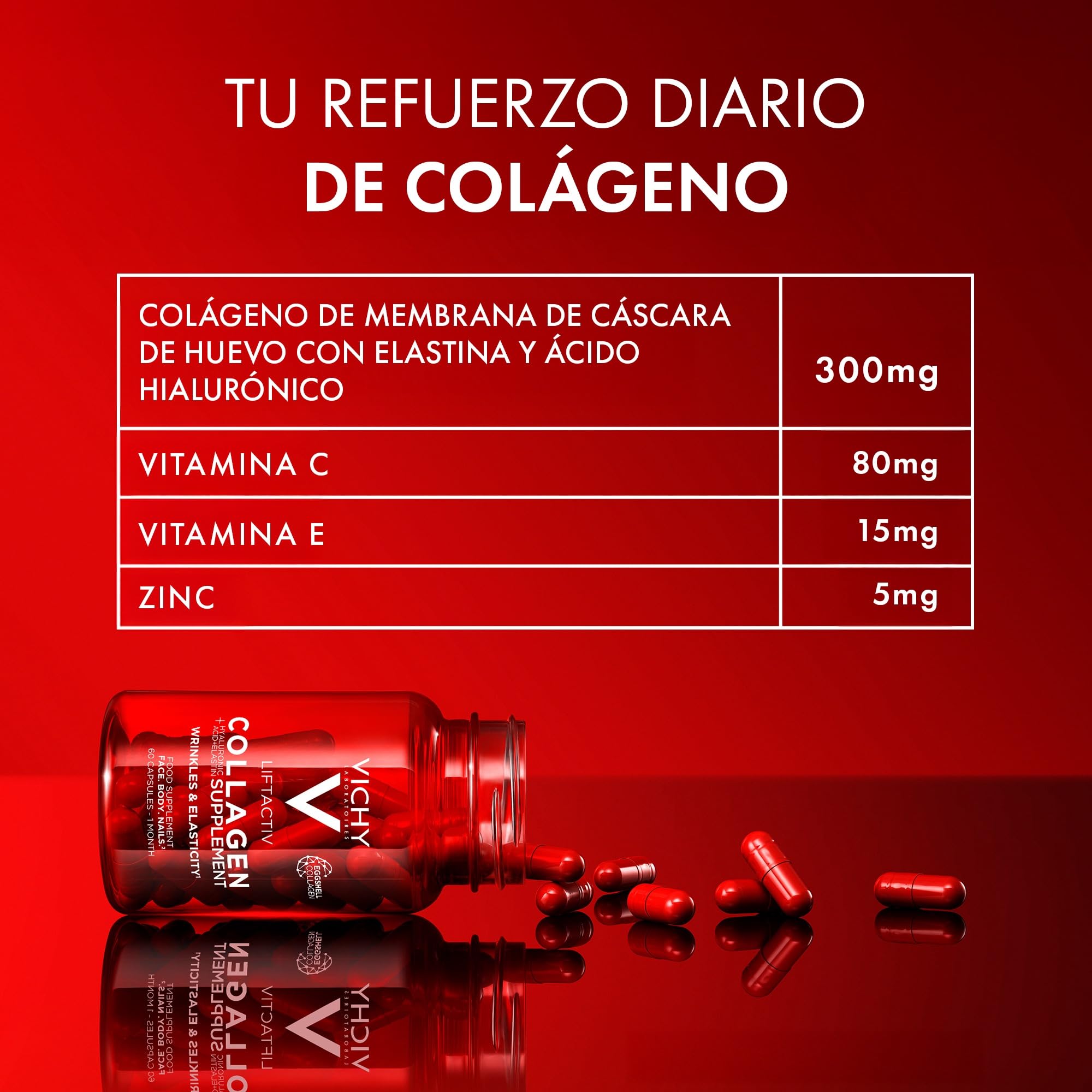 Vichy Liftactiv Suplemento de Colágeno para suavizar la apariencia de las arrugas, tonificar el cuerpo y reafirmar las uñas, para hombres y mujeres, 60 cápsulas.