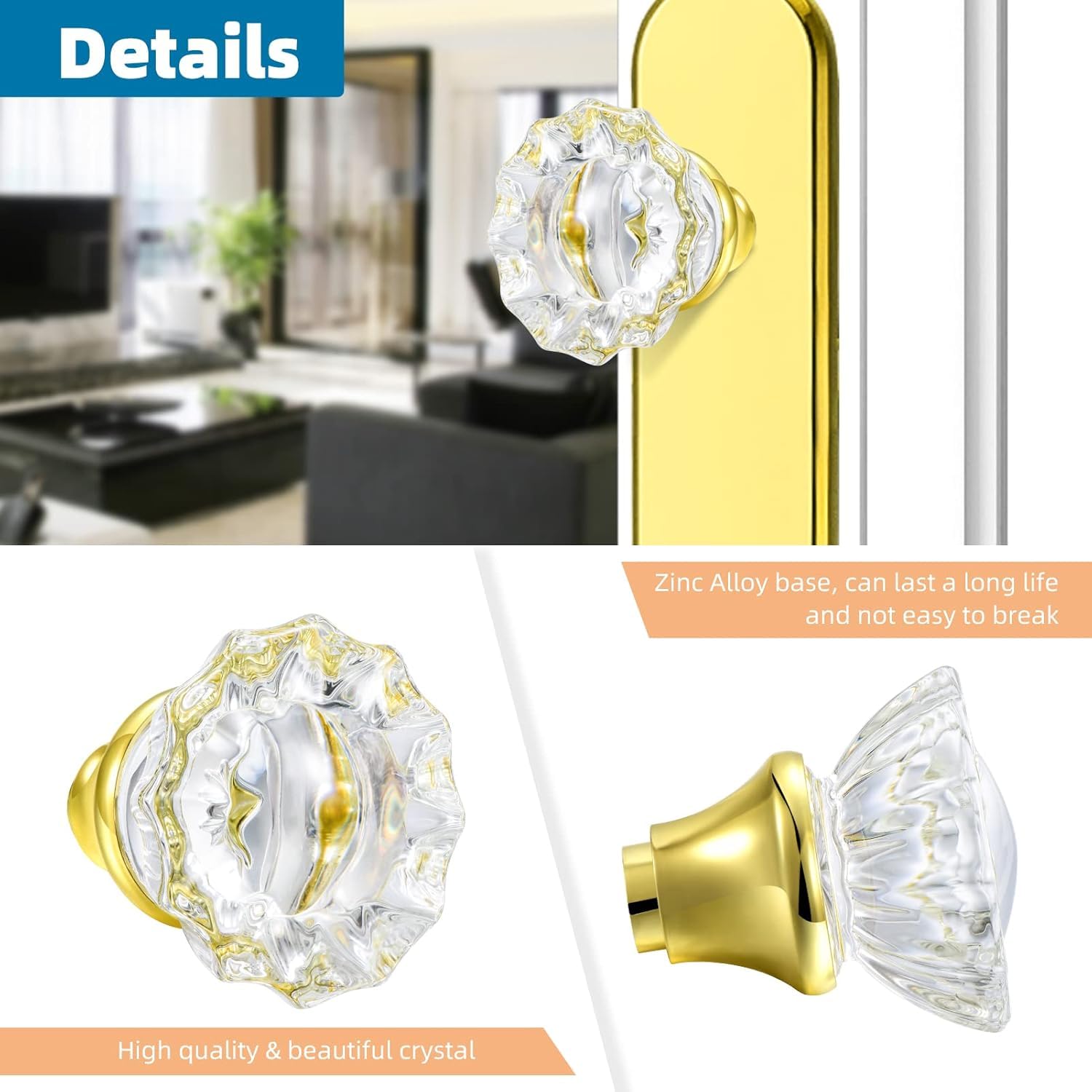 Brass Crystal Glass Door Knobs - Replacement Set -3