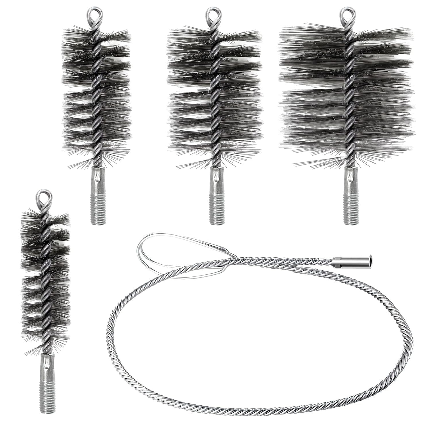 Conjunto de 4 Cepillos para Caldera, Deshollinador de Chimeneas, Ideal para Limpiar Tuberías y Eliminar óxido. Lncluye Cepillos de 30mm, 50mm, 80mm y 150mm para Chimeneas y Tuberías