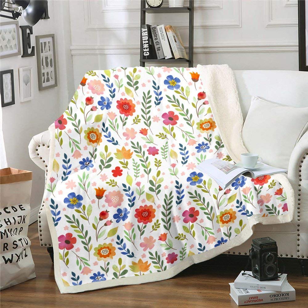 Homewish Flauschige Decke mit Bunten Blumen, Zweigen und Blättern - Fleece in Frischem Pastoral Stil für Kinder, Mädchen, Frauen - Daisy Botanische Naturdesign 150×200