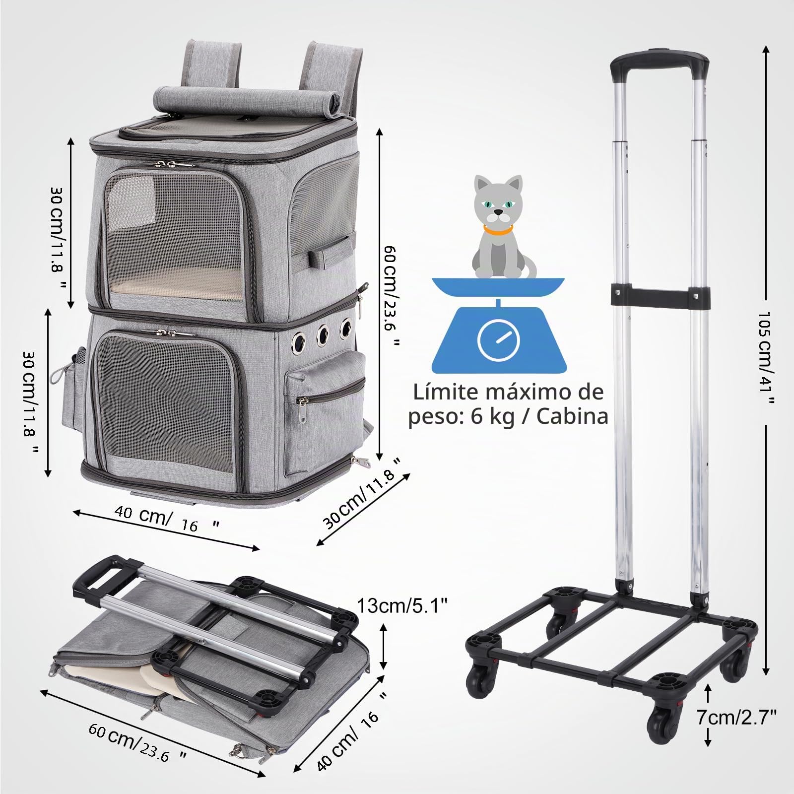 Mochila para 2 Gatos Transportín para 2 Perros Pequeños con Trolley Desmontable y Ruedas, Diseño 2 en 1 de Doble Capa, hasta 12 kg de Capacidad, Gris, XL