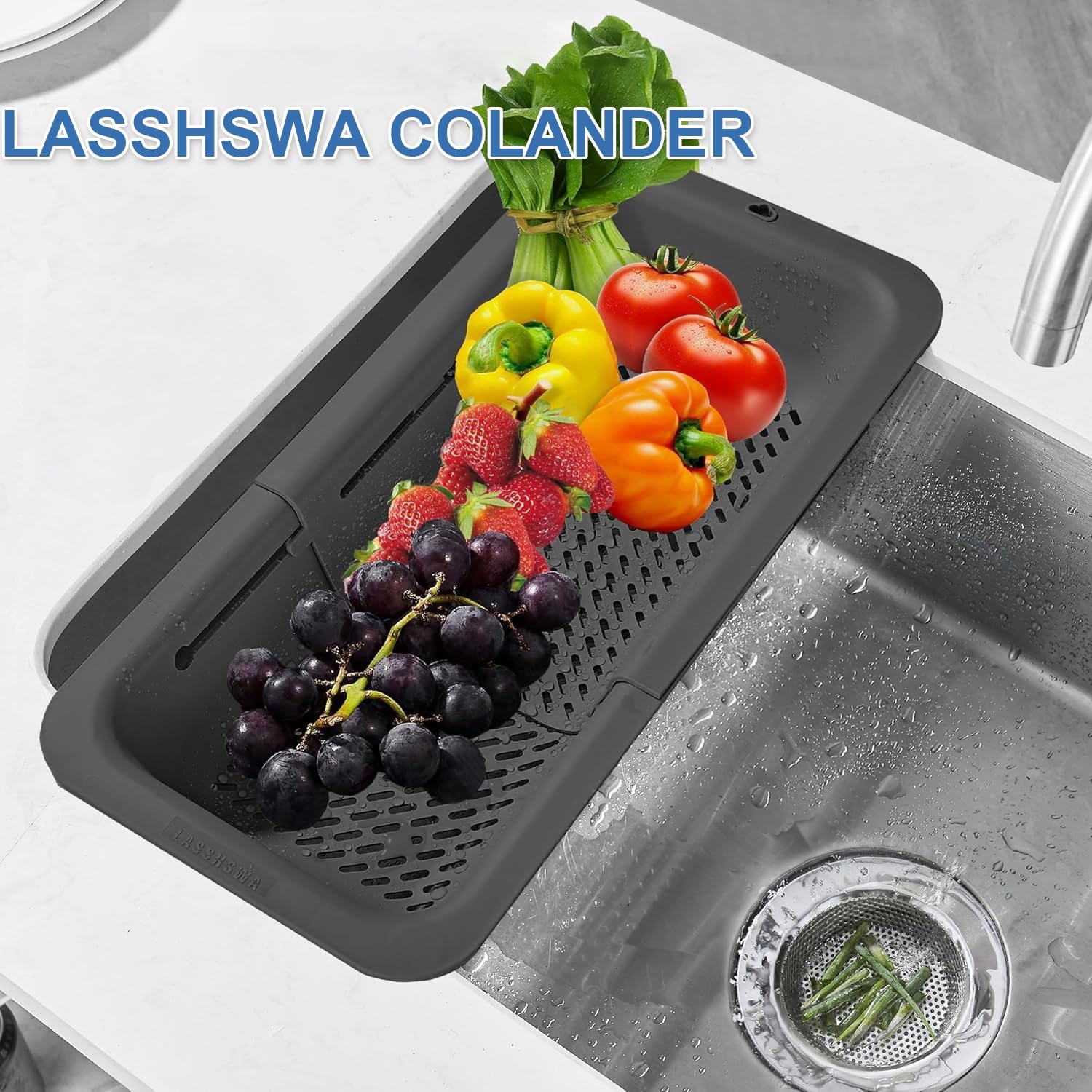 LASSHSWA Colador y colador plegable para cocina, colador sobre el fregadero, colador para cocina, pasta de frutas, colador de alimentos, colador de plástico con un colador de fregadero de cocina de