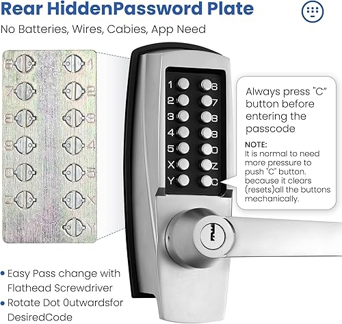 Miniatura 5 de Cerradura de puerta de entrada sin llave con asa, cerradura de puerta mecánica 100% sin baterías, fácil de instalar y usar, bloqueo de teclado en