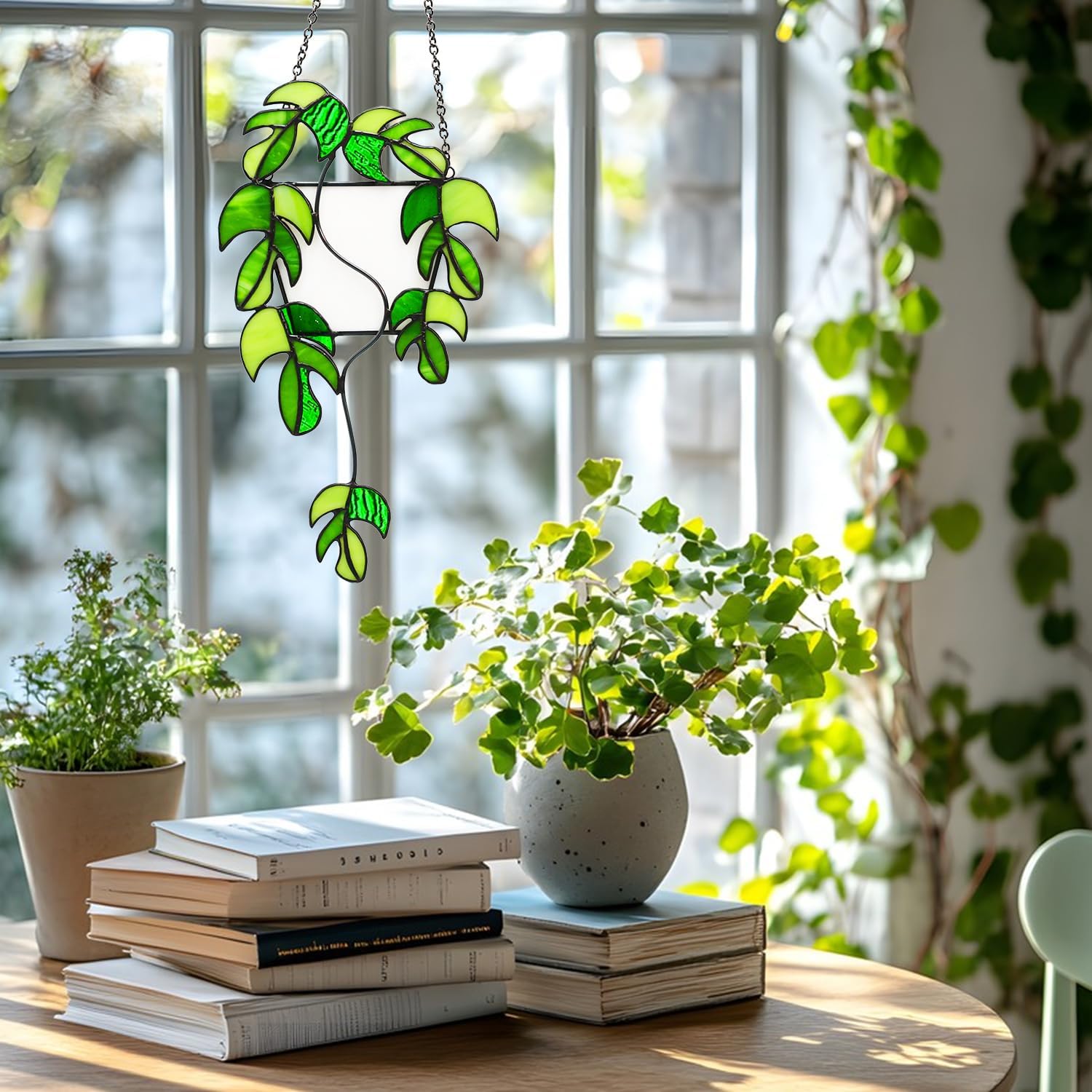 Monstera Stained Glass Window Hanging,Handcrafted Real Stained Glass Plant Suncatcher for Home Indoor Window Wall Decor, Gifts for Plant Lovers,Women,Mother's Day,Christmas