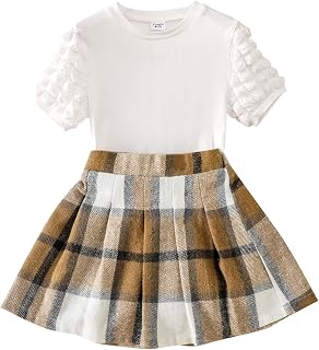 Kid Girls 2 Piece Outfits Solid Flutter Long-sleeve Top and Button Down Houndstooth Skirt Set