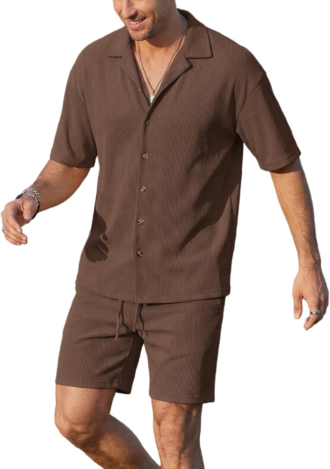 Opomelo Mens 2 Piece Vacation Outfits - Button Down Shirt and Shorts Casual Beach Outfit Textured Summer Matching Sets