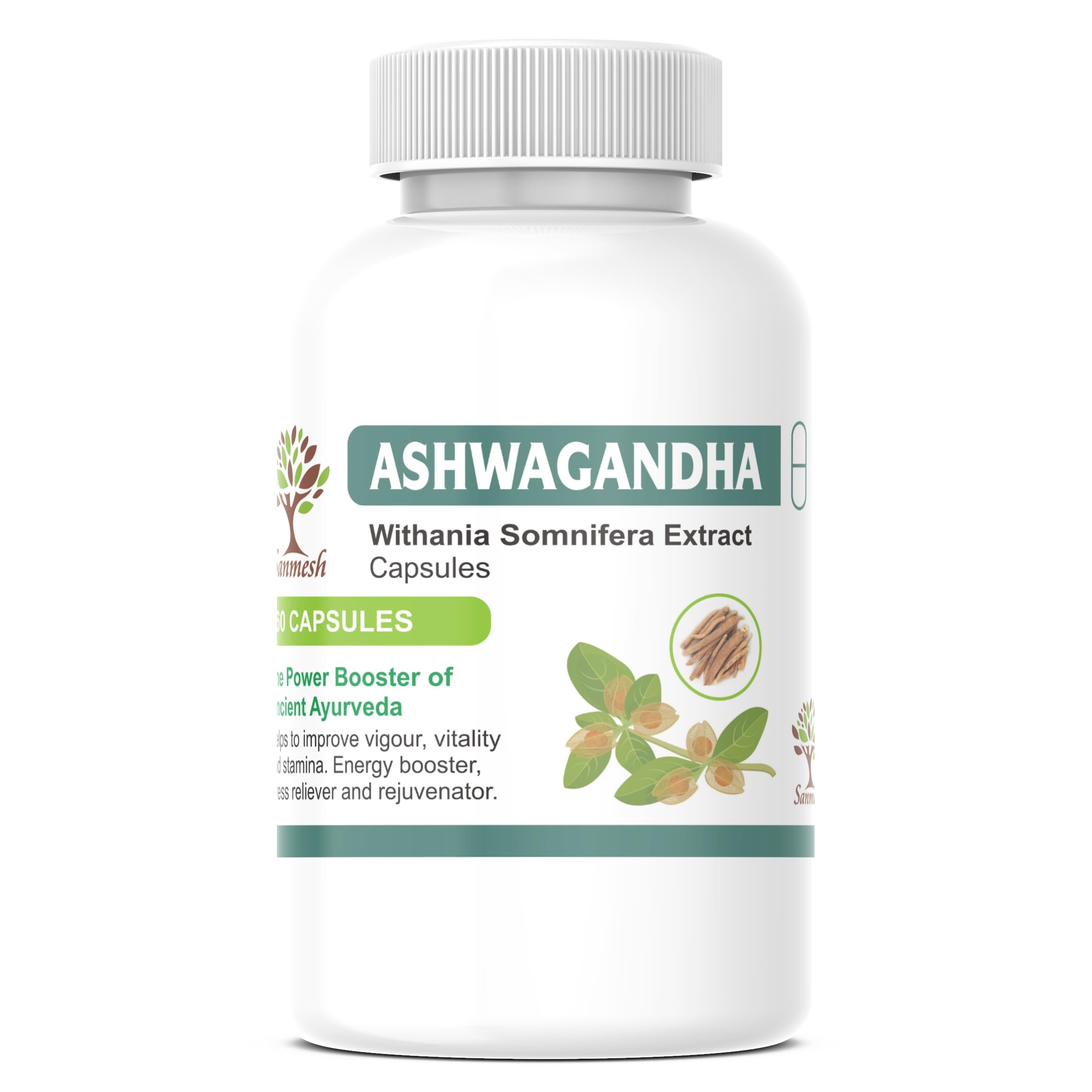 Sanmesh Ayurvedic's Ashwagandha Extract Capsules For Energy Booster | Useful for Natural Body Strength & Stress Relief - Pack of 1, (60 Count,500mg)
