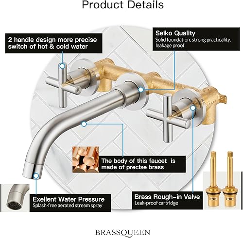Miniatura 6 de Grifo de fregadero de baño de montaje en pared, grifo de fregadero de latón, boquilla giratoria de 360 grados, válvula áspera incluida, grifo de