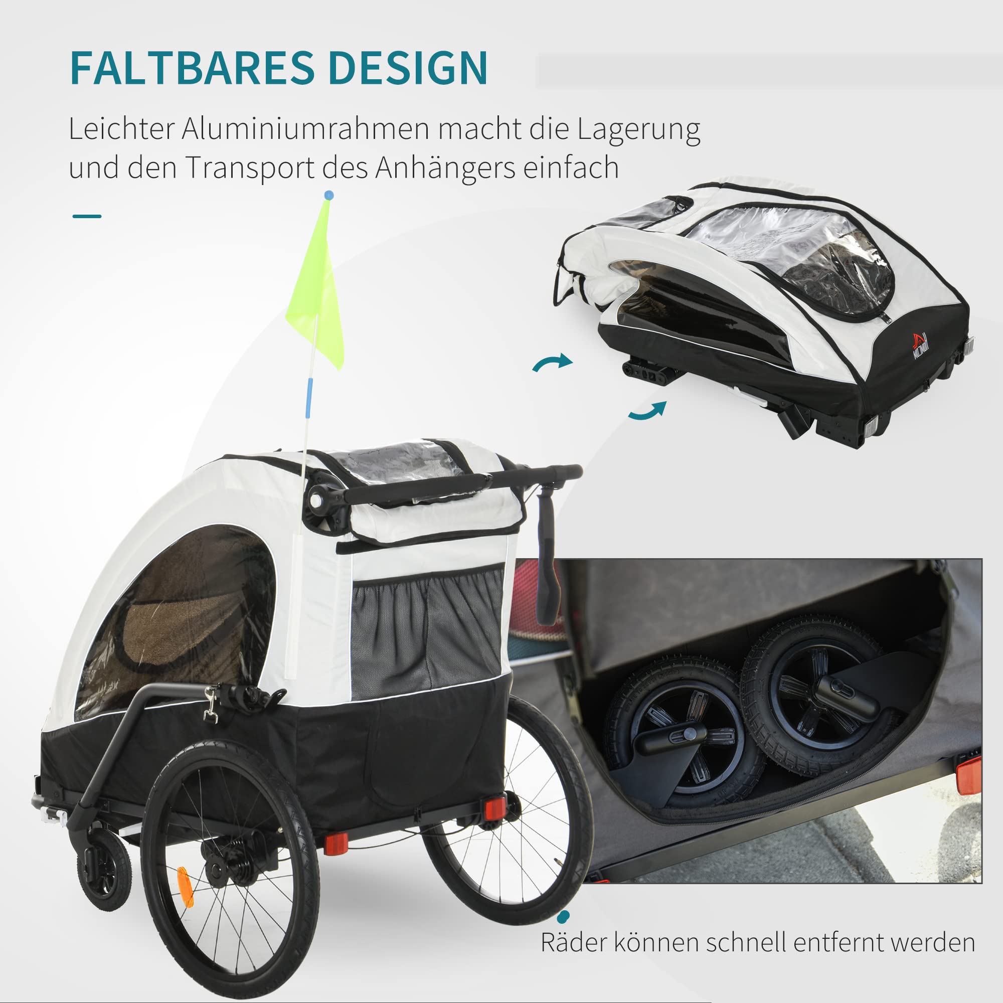 HOMCOM Remorque pour Enfants 3 en 1 Jogger Aluminium Vélo 2 Enfants Drapeau Blanc Noir 150x85x107 cm
