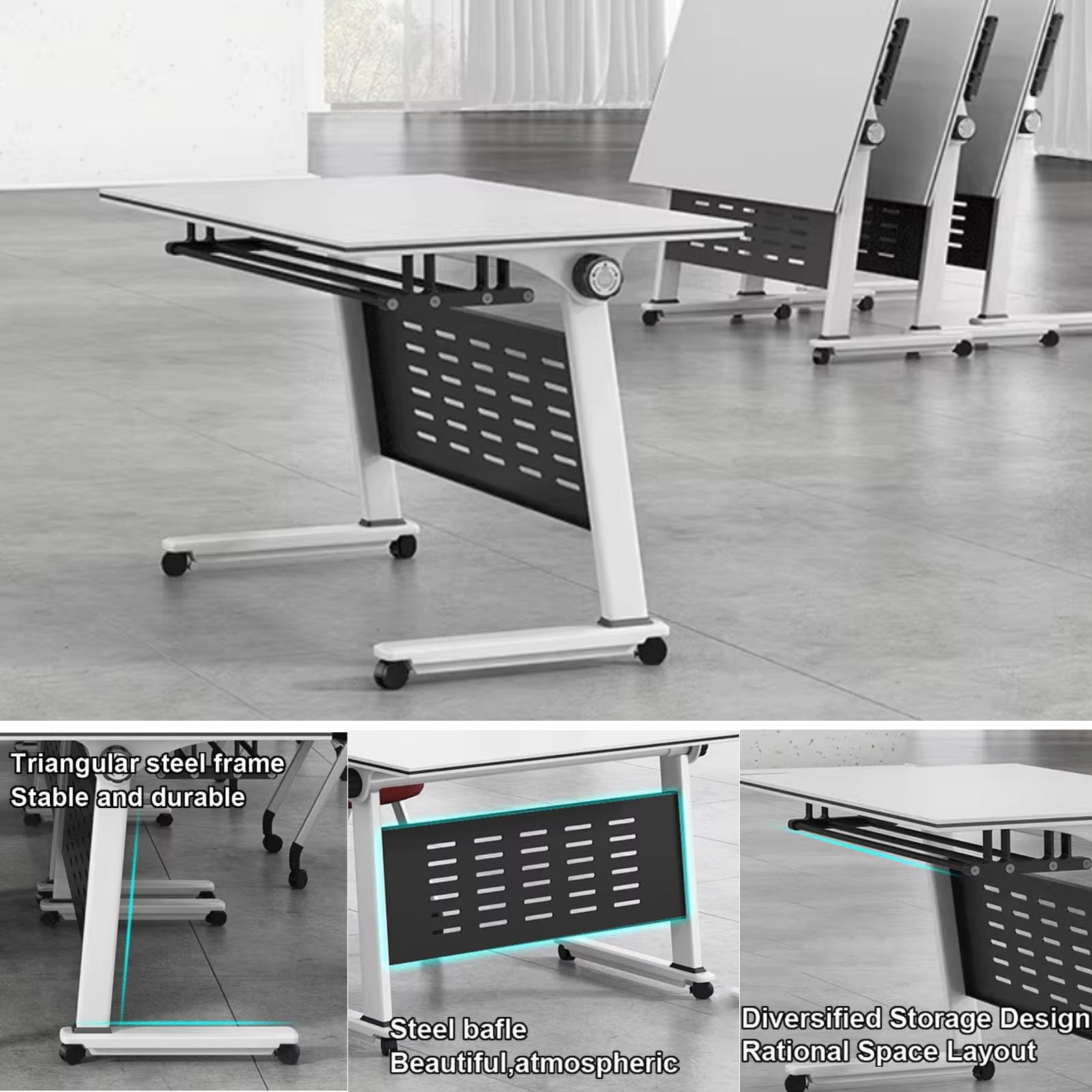 Tavolo da conferenza modulare pieghevole con piano ribaltabile, scrivania mobile per allenamento e mensole, ideale per ufficio, aula e sala di formazione, design di giunzione 120 x 40 cm