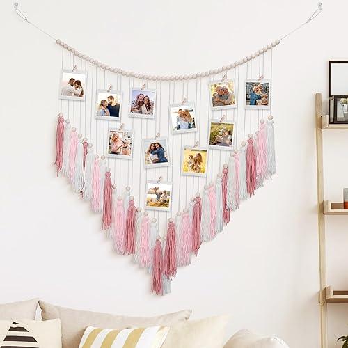 Luxbrand Decoración de pared rosa cálida con borla de cuentas de madera, exhibición de fotos colgantes, decoración de pared bohemia para habitación,