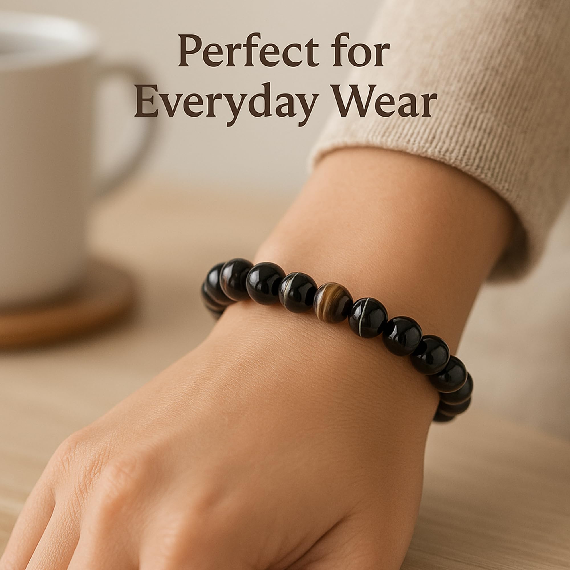 Serein Sulemaani Hakik Bracelet 8mm Natural Round Beaded Healing Crystal Stone for Stress Relief, Focus, Positivity & Evil Eye Shield, Aura Cleansing, Stress Relief & Energy Shielding for Unisex 1