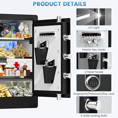 Miniatura 4 de Caja fuerte biométrica ignífuga grande de 23.62 pulgadas de alto para uso doméstico, caja de seguridad de huellas dactilares de acceso rápido con