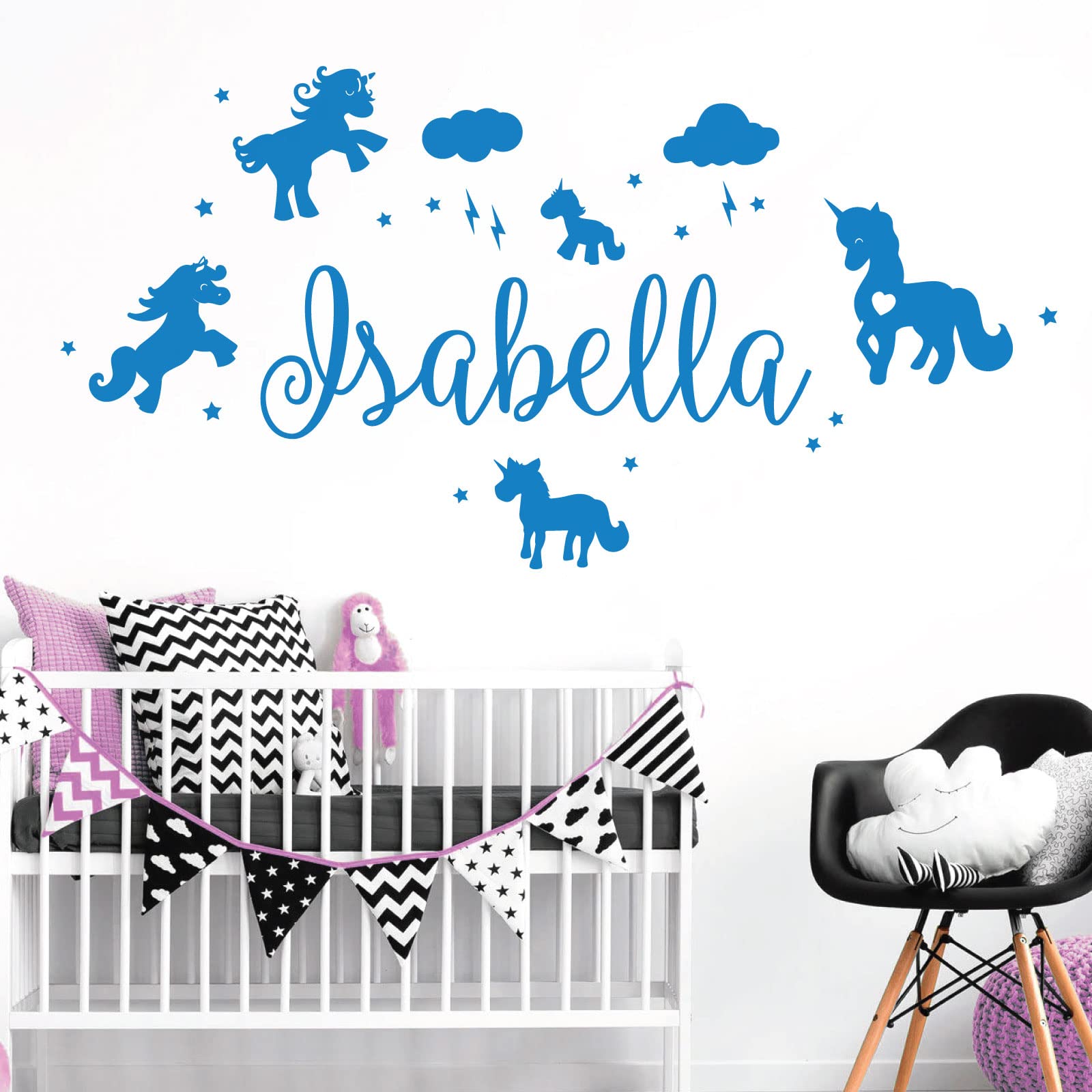 Unicorns, Stars & Clouds - Personalised Name Girls Wall Art Sticker [Large] [Ocean]