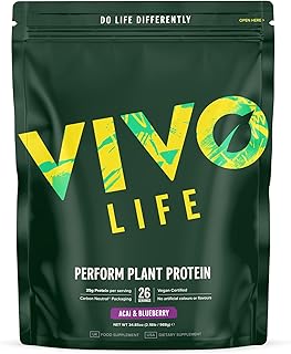 Vivo life Perform Plant Protein Powder | 25g Protein with BCAAs, Iron, Zinc, Turmeric & Herbal Enzyme Blend | Lactose Free & Easy to Digest, Plant-Based Nutrition | Acai & Blueberry - 26 Servings