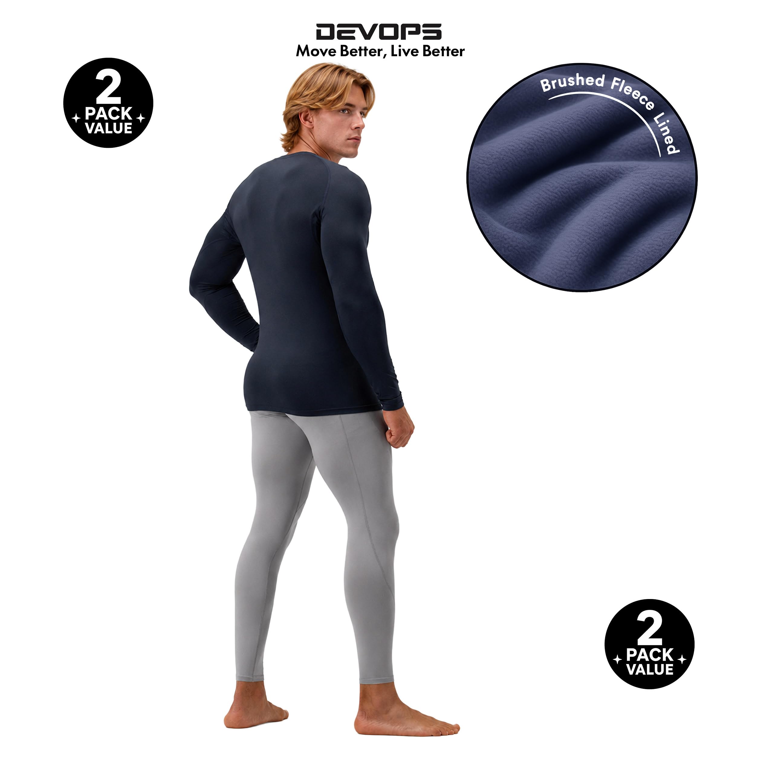 Devops Devops 2 Pack Men's Thermal Long Sleeve Shirts Fleece Lined Base Layer Tops Manga Larga Hombre (Pack de 2)